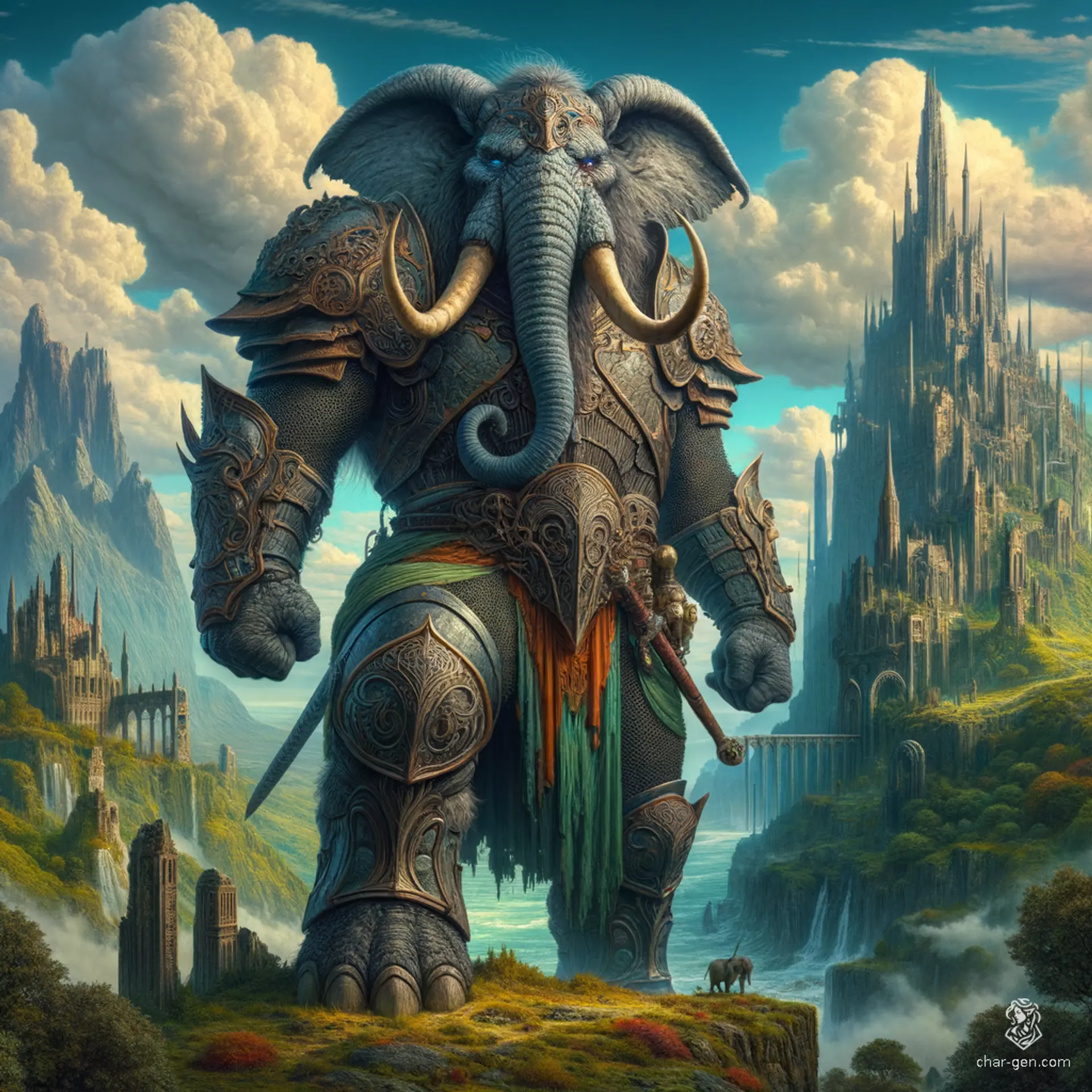 A 70s dark fantasy book illustration depicts a hand-drawn loxodon—a formidable anthropomorphic elephant with tusks, thick gray wrinkled skin, and a commanding presence, perfectly capturing the era's brooding mythical aesthetic.