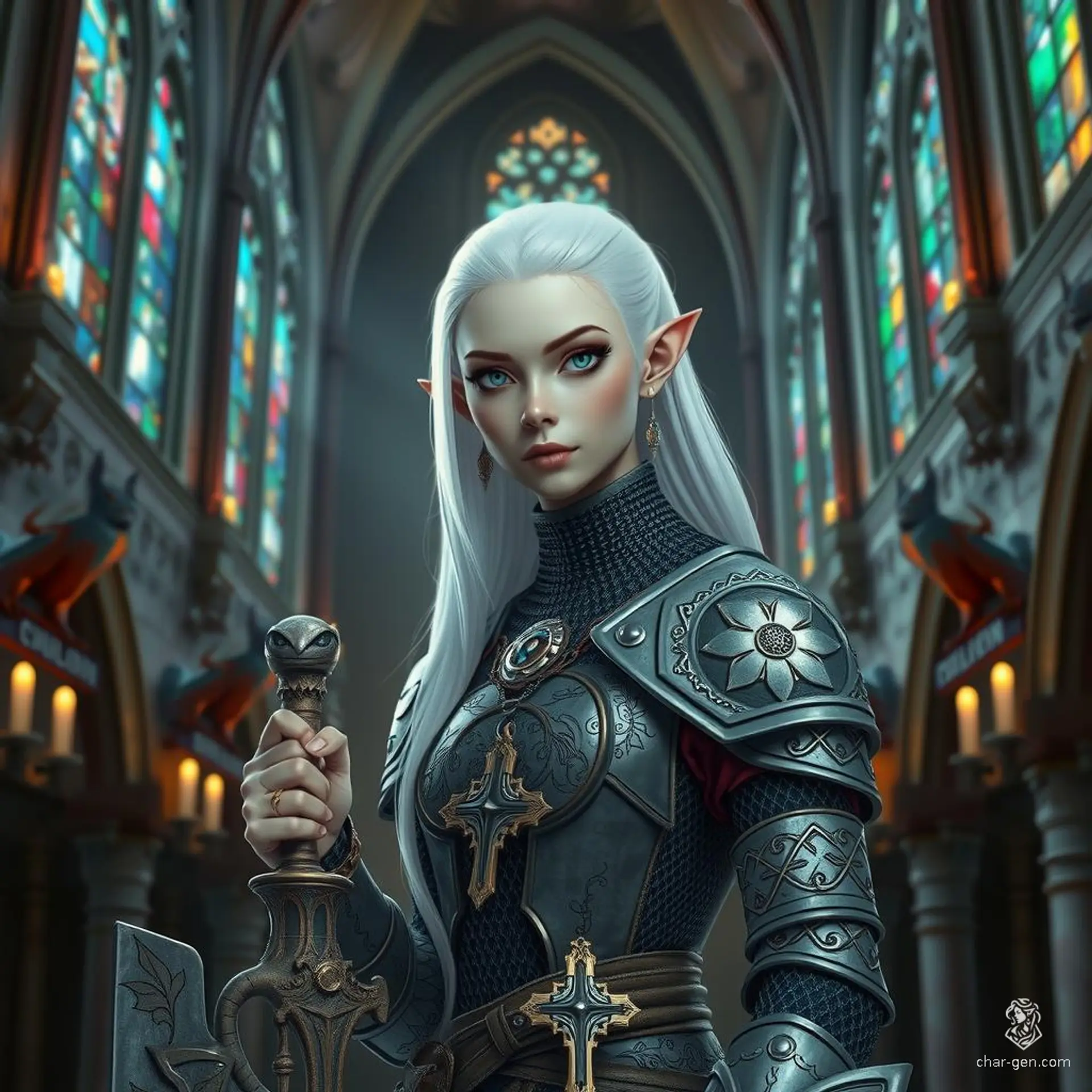 Thaveza, a 22-year-old female Drow cleric, stands 5'10" tall and weighs 150 pounds. Distinguished by her bright white hair, vivid blue eyes, and light skin, she exudes a serene demeanor. Raised in a monastery, she owes her life to a priest who took her in after her parents died. Now a wise healer wielding a prominent mace, she remains wary of strangers.