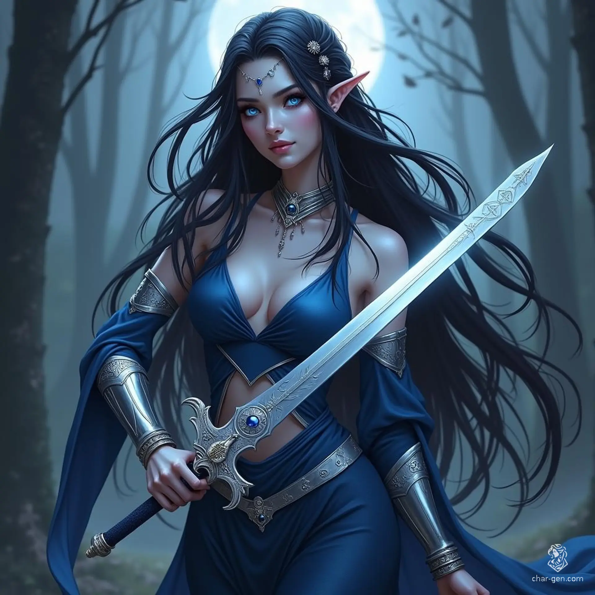 In a moonlit forest, a stunning moon elf bladesinger wields an ethereal longsword, her flowing dark hair adorned with silver and moon-themed accessories. With deep blue eyes and faintly bluish skin, she embodies elegance and deadly skill, poised for action in her graceful, armored attire.
