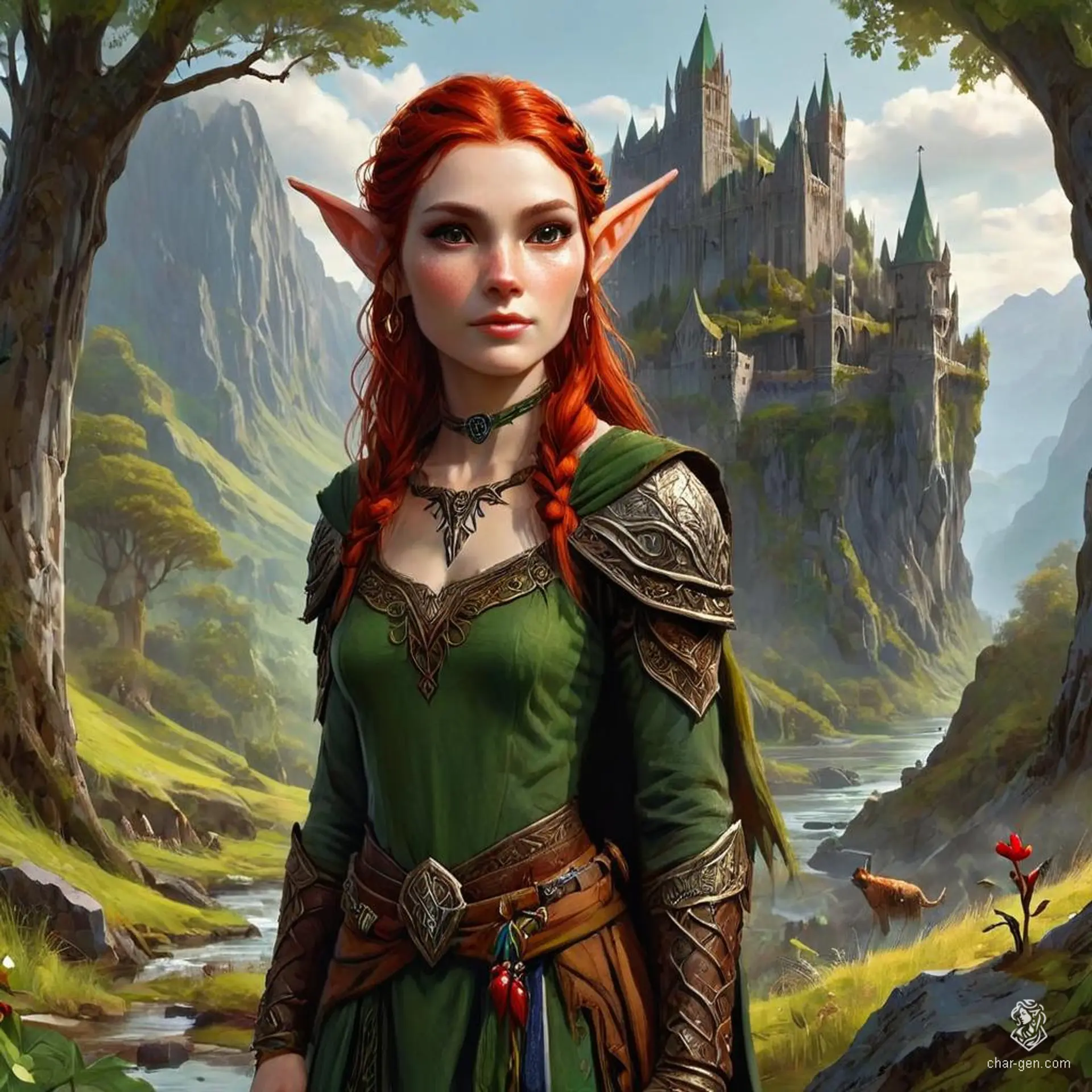 Keyleth, a 17-year-old female Half-Elf druid, is wise and deeply connected to nature and animal companions. With fair skin, brown eyes, and striking cherry-red hair, she embarks on her Aramente quest. Socially awkward yet endearing, Keyleth seeks to prove herself as a capable leader of the Air tribe.