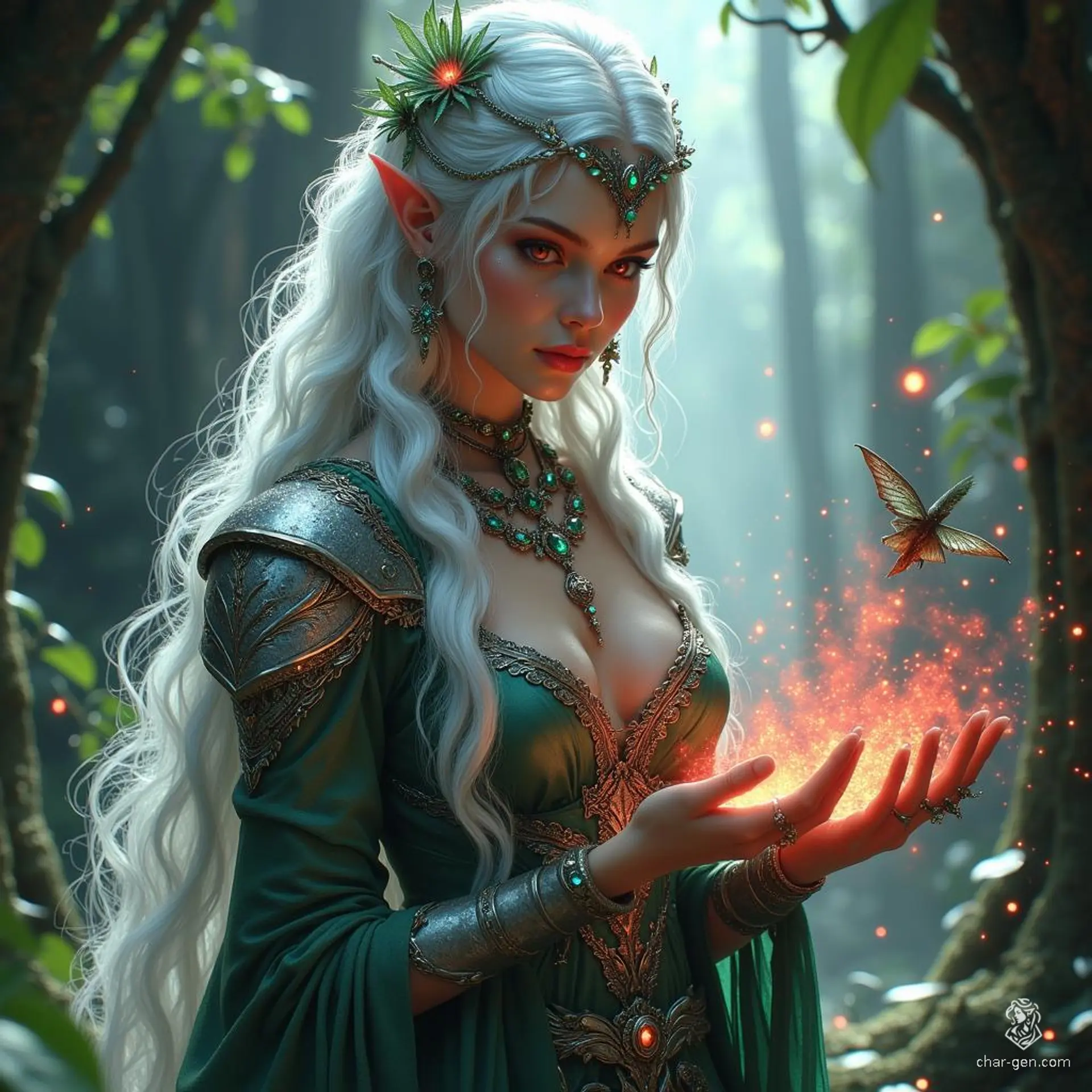 Meet Elowen, a captivating human warlock with long, white hair braided with flowers, and piercing red eyes that glow with otherworldly power. Clad in elegant fey-inspired armor, she commands magic with crimson energy, drawing strength from her Archfey patron as she navigates enchanted forests and battles mystical foes.