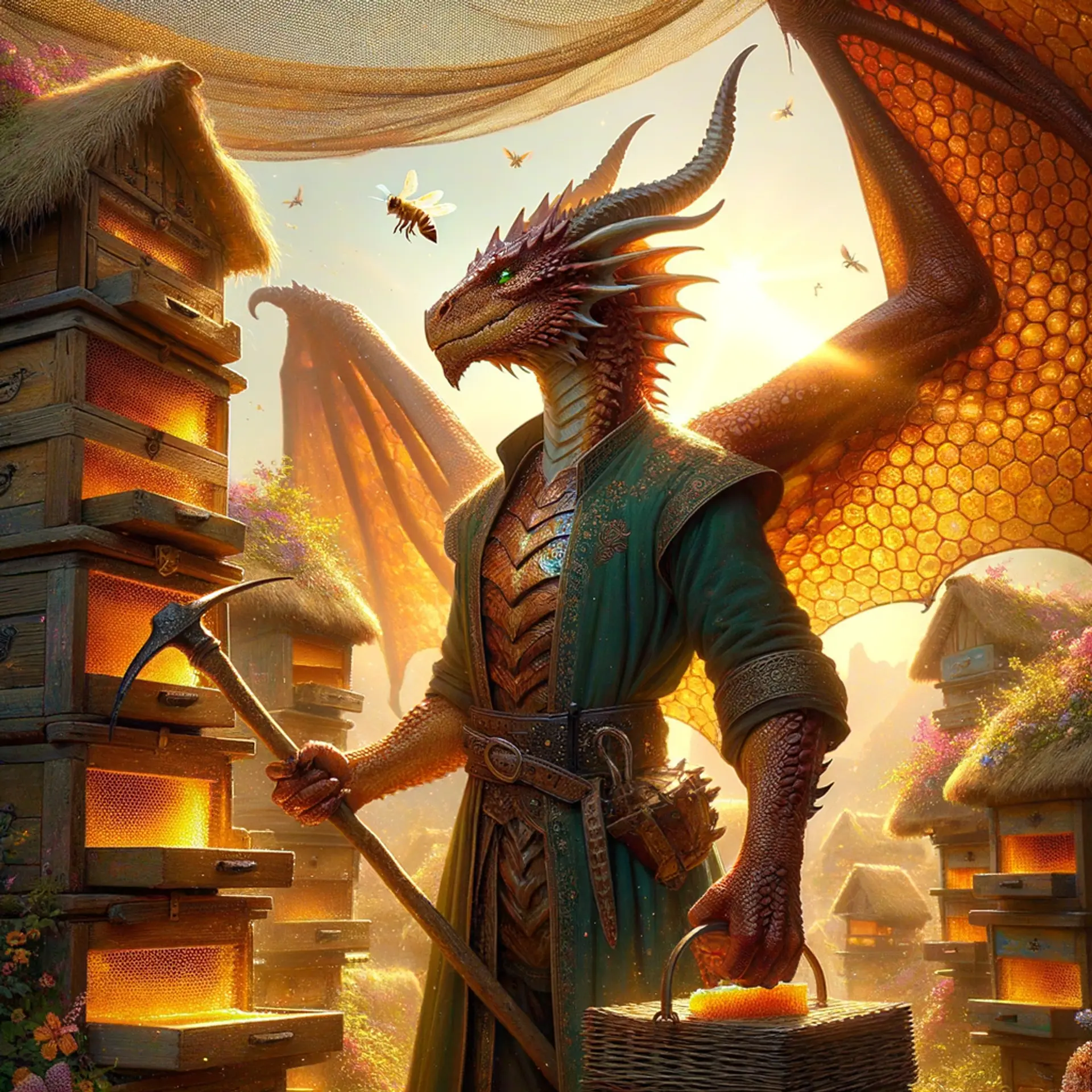 The copper-skinned male Dragonborn druid, with braided hair and adorned in an armored beekeeper's suit, embodies earthy elements. Known for his strong connection with nature, he delves into the Earth as a miner, skillfully wielding a pickaxe while his animal companions watch. His draconic features, including frilled ears and small horns, evoke a blend of strength and wisdom.