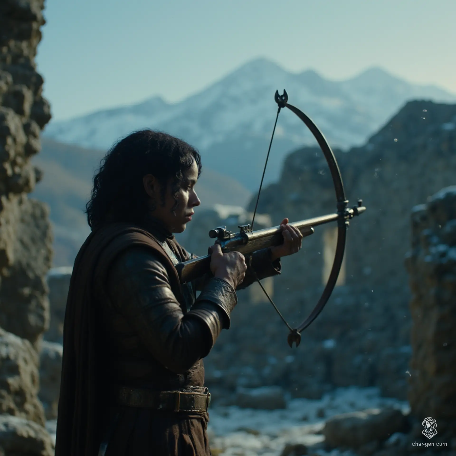 Izzy, a newly emancipated halfling assassin, combines grace and danger. With medium-toned skin adorned with shimmering green scales and reptilian blue eyes, she is a crossbow specialist dressed in practical brown leather armor. Alert and focused, she embodies a lethal joy as she prepares for the hunt amidst falling snow.