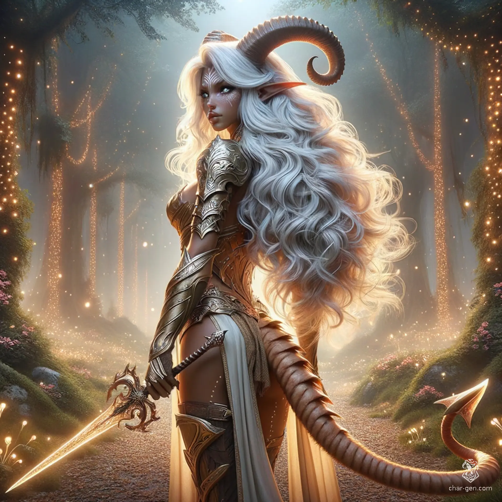 A fierce tiefling barbarian with striking, pure white hair and rugged features, she possesses devilish horns and a long, sinuous tail. Her distinct tan skin adds to her wild allure, embodying both beauty and strength as she navigates the chaotic realms of her adventures.