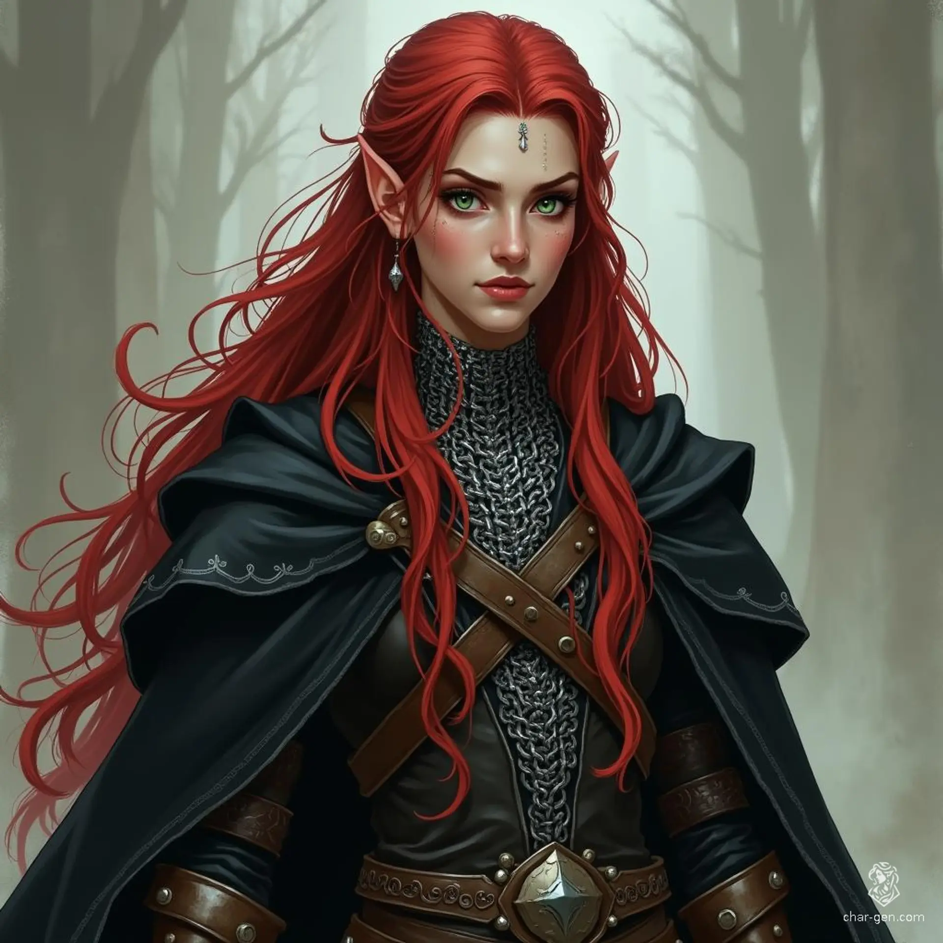A striking half-elf stands tall, his long red hair adorned with white streaks framing his chiseled features. Dark green eyes pierce through shadowy depths as he drapes a flowing black cloak over gleaming silver chainmail, embodying both grace and strength in a world of magic and intrigue.