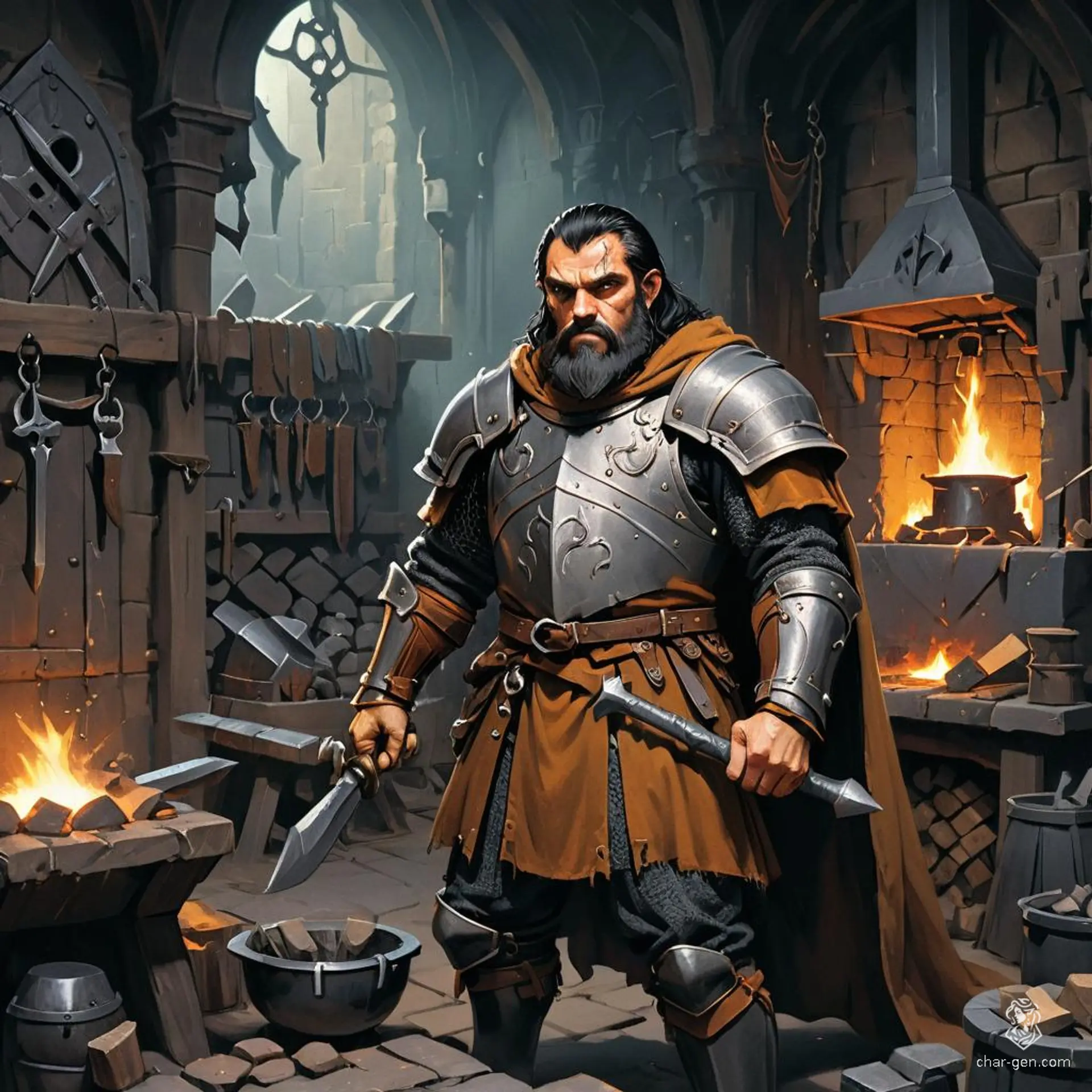 Brom Ironforge, a sturdy male dwarf with distinctive tan skin and jet-black hair, confidently stands amidst his armory, surrounded by suits of armor and tools. Clad in chainmail with a brown cloak, he expertly crafts protection for brave warriors, embodying the spirit of a seasoned fighter.