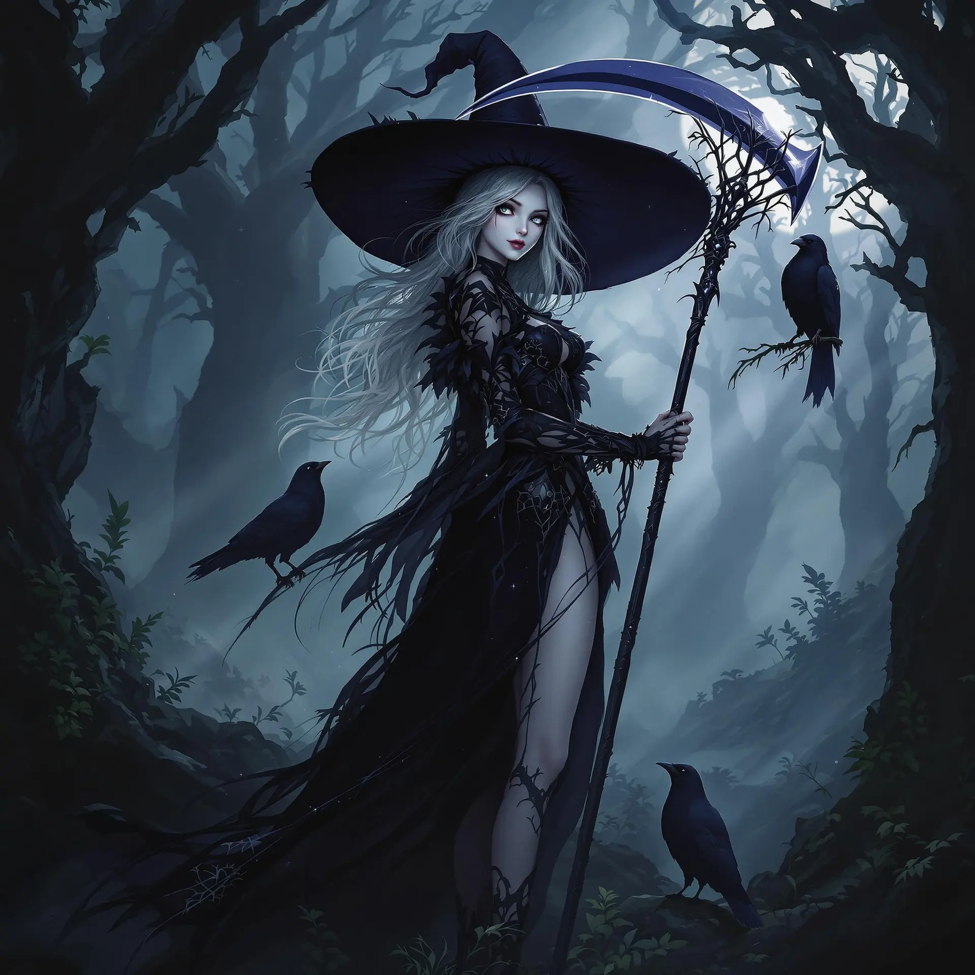 Branwen Umbra, an ancient yet youthful cleric, embodies the dichotomy of light and shadow. With alabaster skin shimmering like moonlight and onyx hair that writhes like smoke, her pupilless silver-and-black eyes reveal deep wisdom. Clad in enchanted garments, she wields a scythe, accompanied by whispering ravens, dedicated to a divine purpose of comfort at life's end.