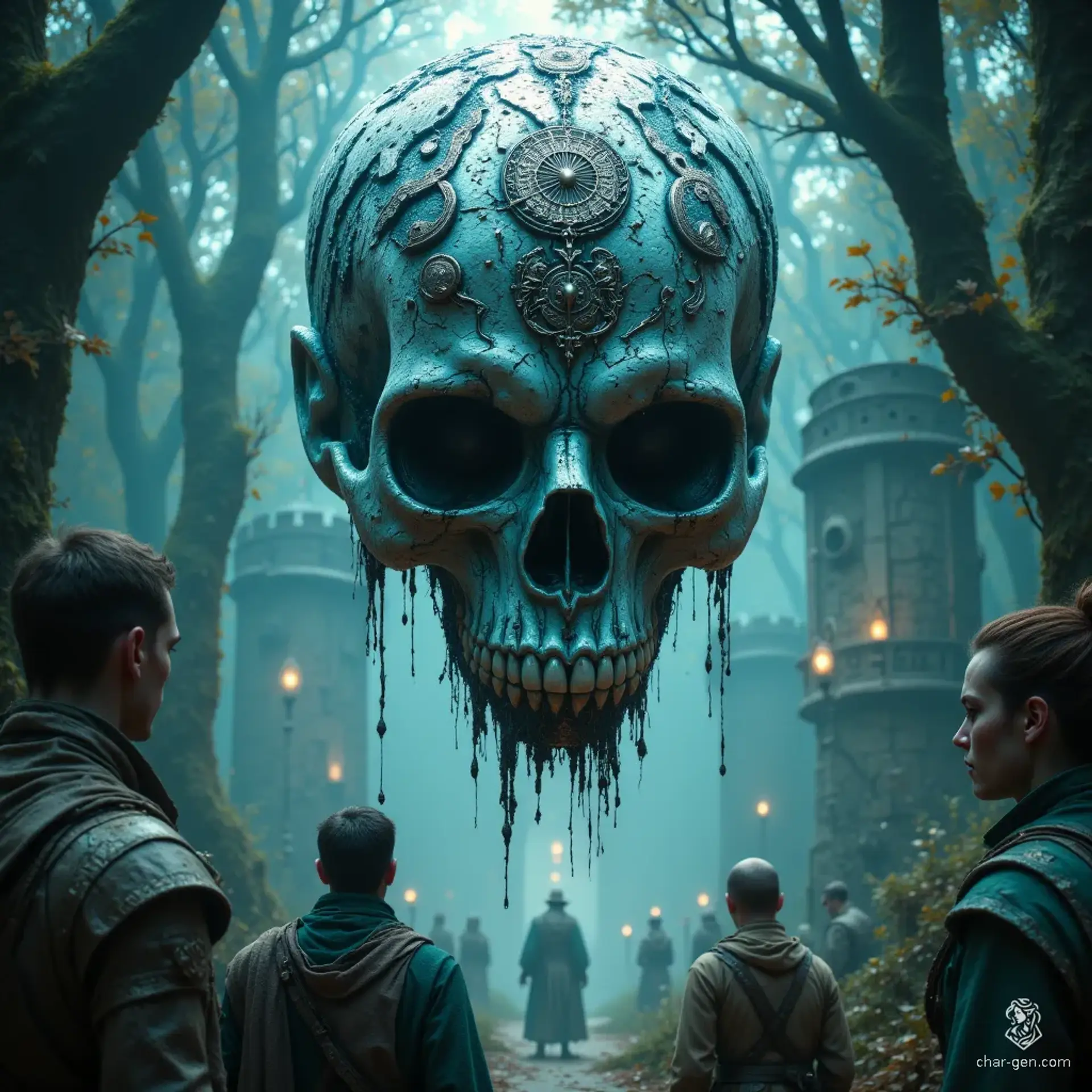 The ancient entity, a floating humanoid skull adorned with gleaming silver teeth, captivates onlookers with its insane grin. Veiled in darkness seeping from its eyes and mouth, intricate runes pulse with lost magic, promising forbidden knowledge to those daring enough to approach.