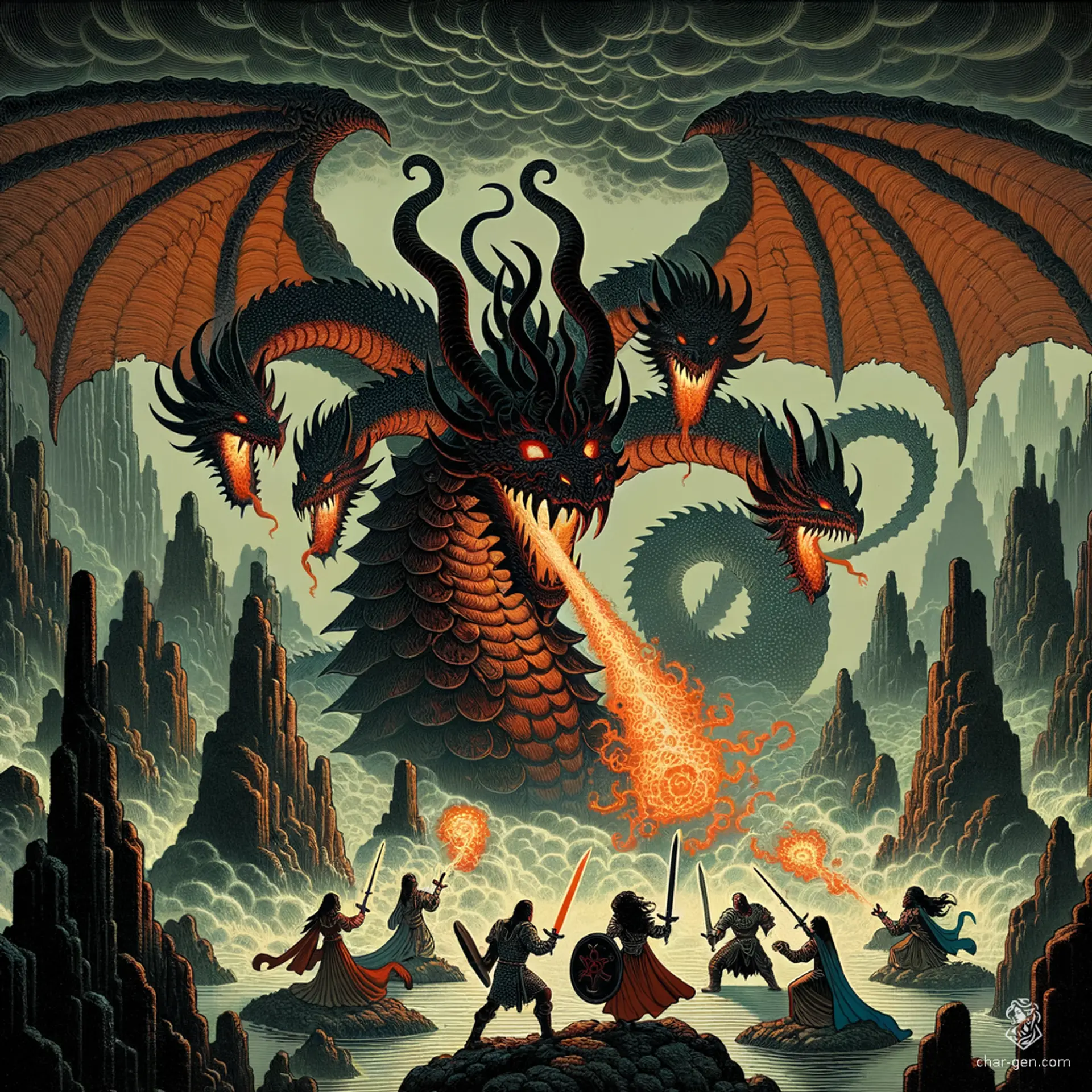 A grainy, dark fantasy landscape teems with gothic horror, featuring intricate details and deep shadows. Against a backdrop of muted colors and dramatic lighting, a battle unfolds with Tiamat, the 5-headed dragon goddess, evoking a moody, high-contrast 70s D&D adventure.