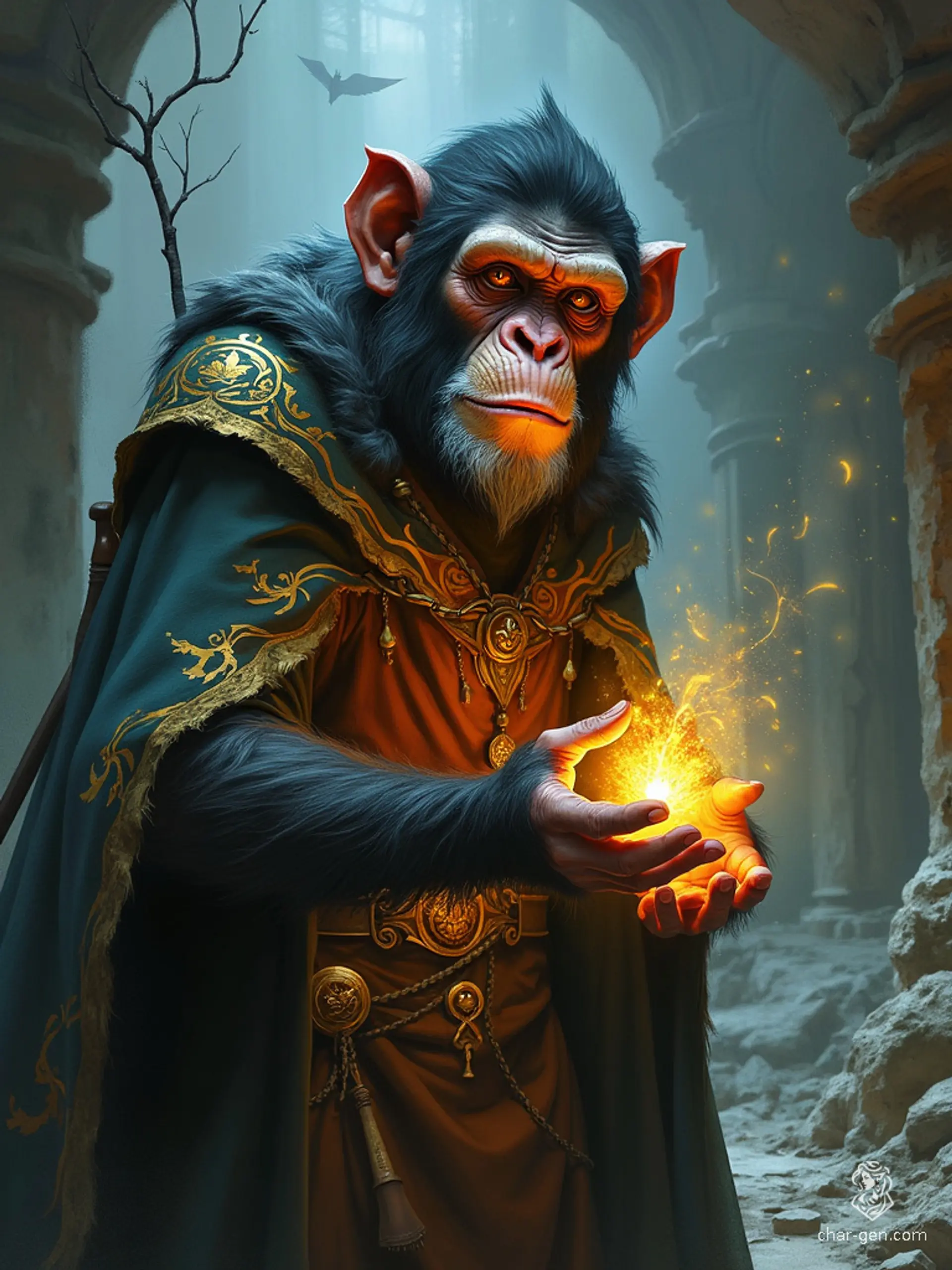 The Hadozee is an agile, 1.4-meter tall anthropomorphic ape and skilled sorcerer. With simian features, they sport enchanted garments adorned with arcane sigils, emanating an aura of potent magic.