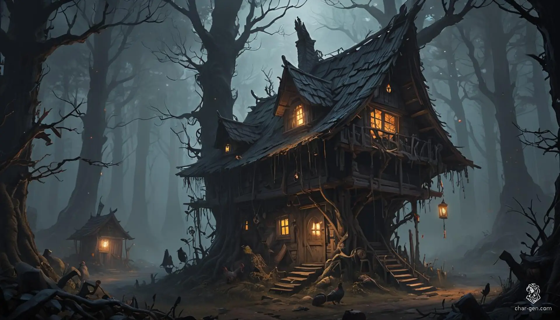 In a twisted, dark forest thick with dense fog and gnarled trees, a warped wooden hut with long, spindly chicken legs perches ominously. Glowing runes pulsate with eerie light, casting shadows on the glowing mushrooms scattered across the forest floor, enhancing the menacing, otherworldly atmosphere.