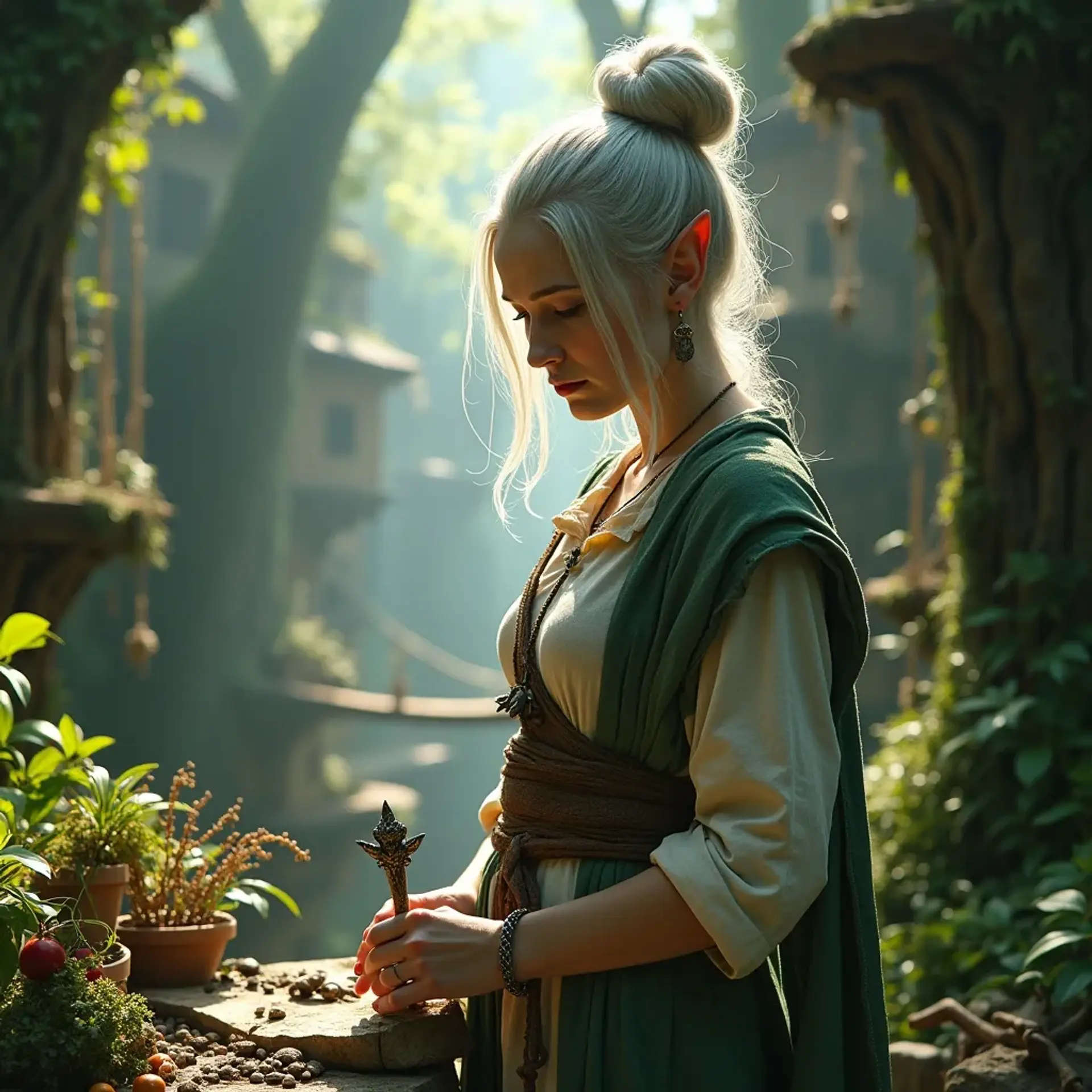 Elysia, a serene Frost Elf Cleric of 50, devotes her life to healing. With a soft grey bun and prominent frown lines, her pale skin glows against the vibrant herbs and potions she tends. A prominent holy symbol hangs at her neck, guiding her compassionate touch.
