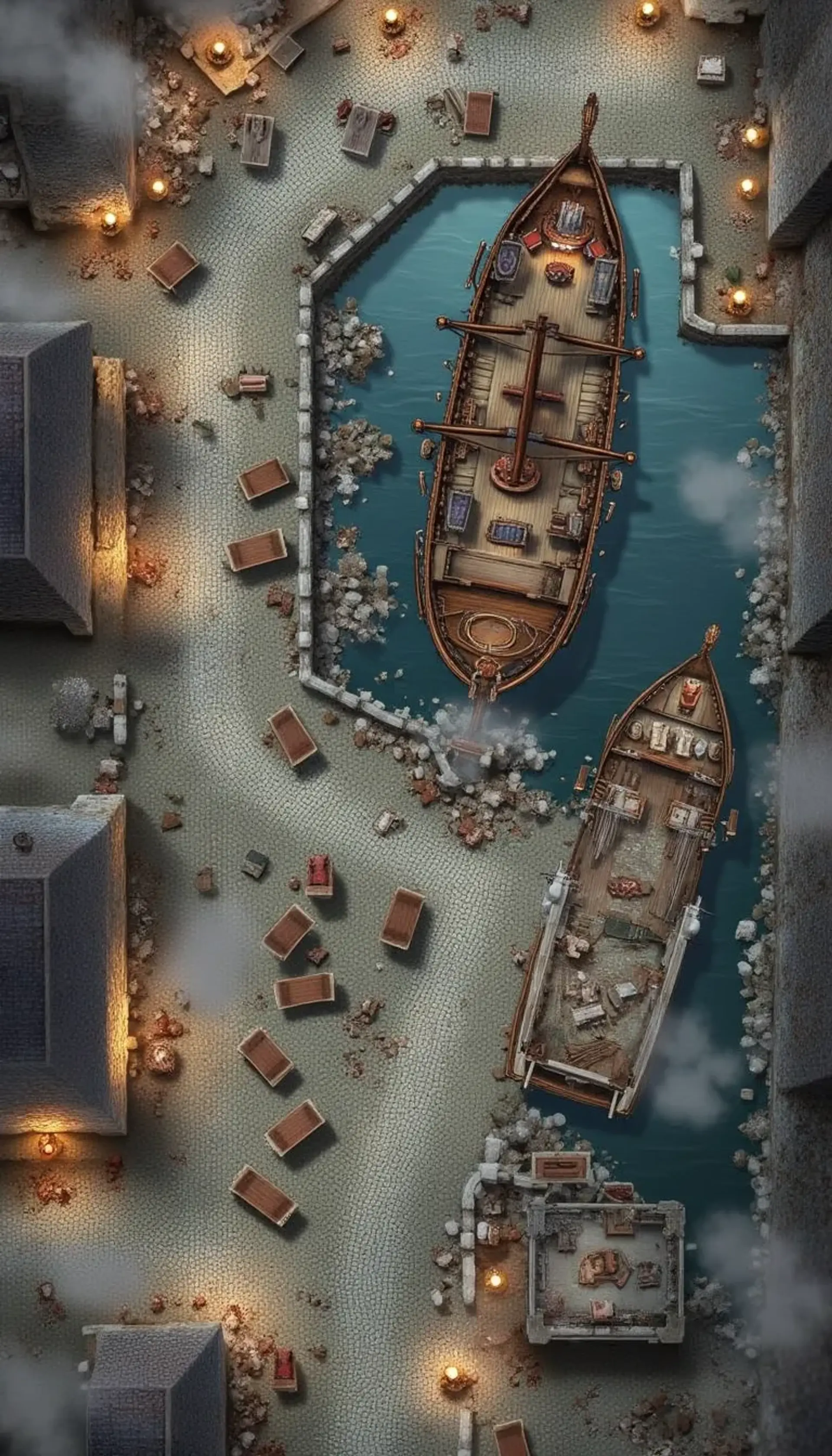 Amidst the chaos of a besieged city, this battlemap reveals crumbling stone walls, desperate civilians fleeing through narrow alleys, and flames licking the rooftops. At the bustling port, ships dance on turbulent waters, concealing hidden treasures and lurking dangers. Traps lie in wait among the debris, while shadows hint at long-forgotten secrets hidden beneath the rubble.