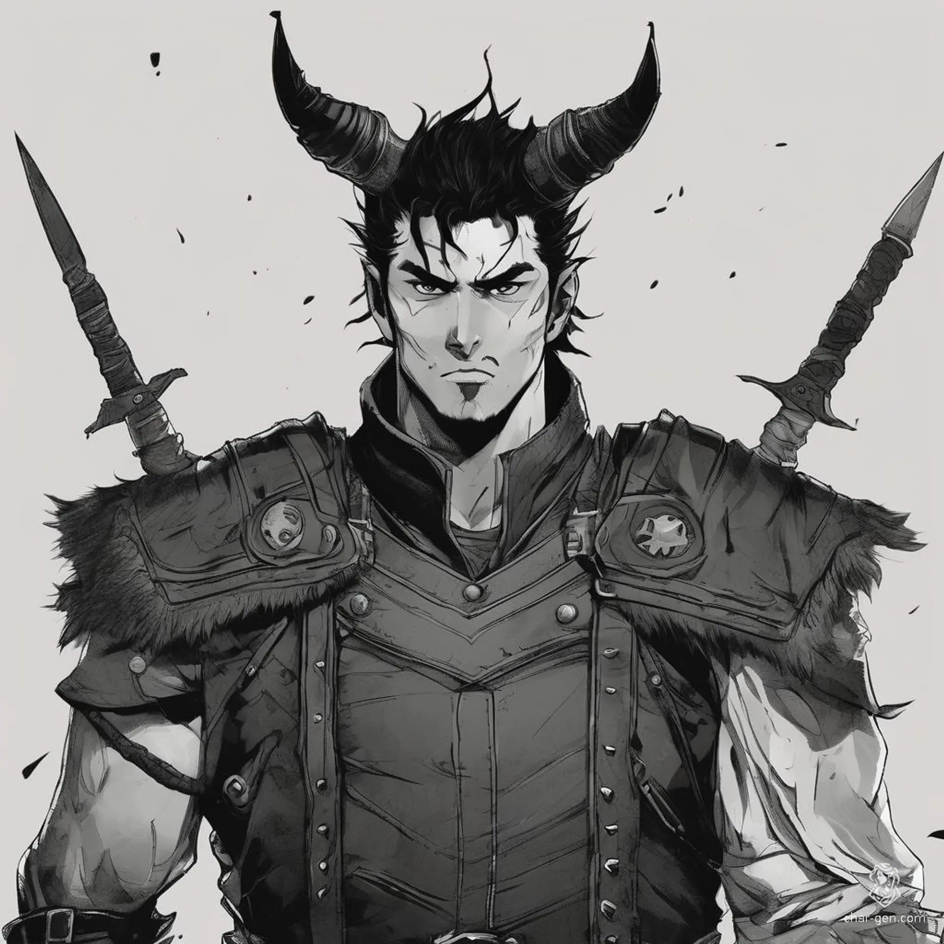 Oberon is a rugged, battle-hardened warrior with short black hair and stubble. He dons a leather vest that reveals scars and burns across his chest, testament to countless battles against demons and men alike. Fierce and relentless, he embodies the life of a relentless killer.
