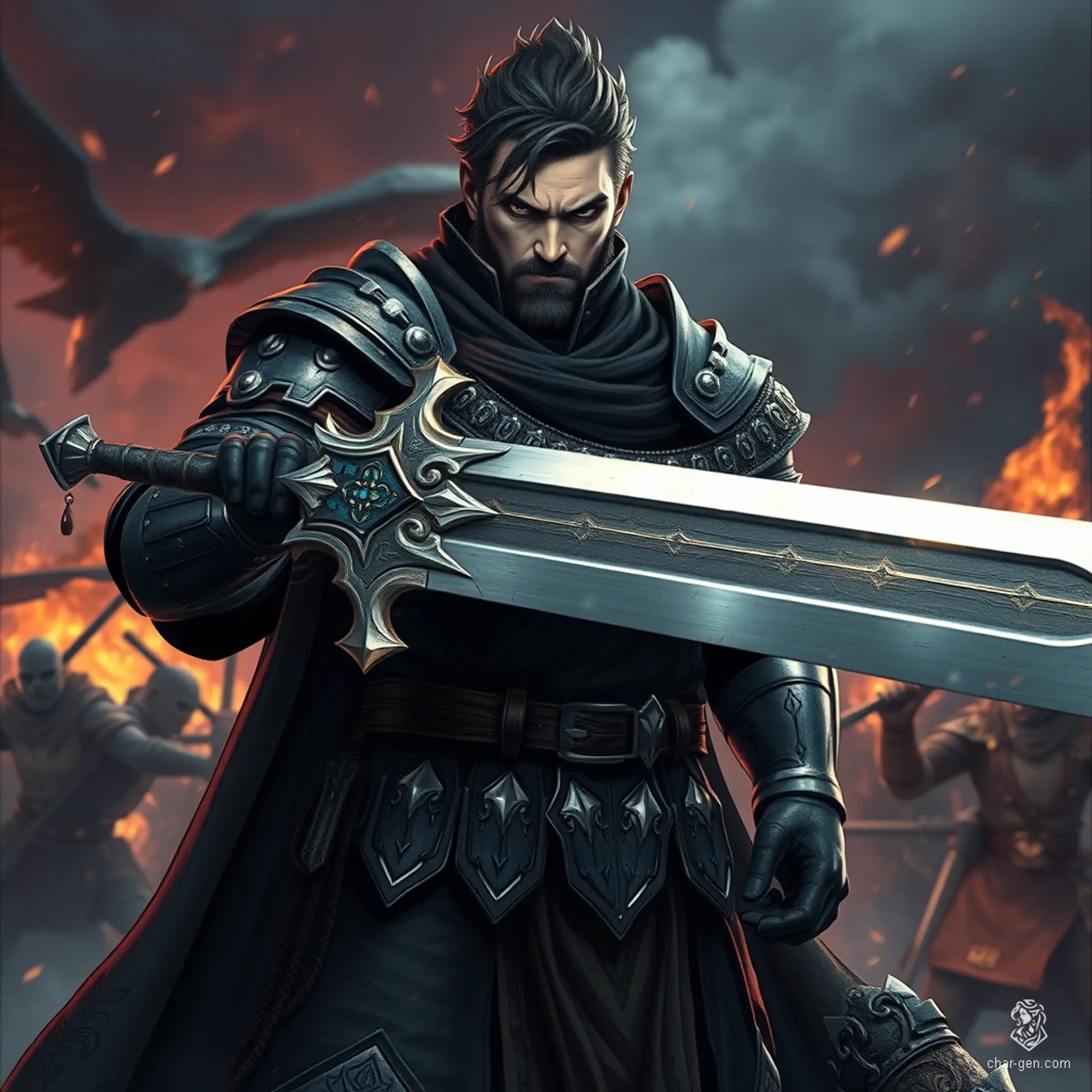 Sig Curtis is a towering warrior, standing at 2 meters with a robust frame. Clad in battle-worn half armor, he wields a stunning great sword adorned with glowing inlays. With a gloomy yet determined expression, he emanates a shadowy aura, ready to face the chaos of battle behind him.