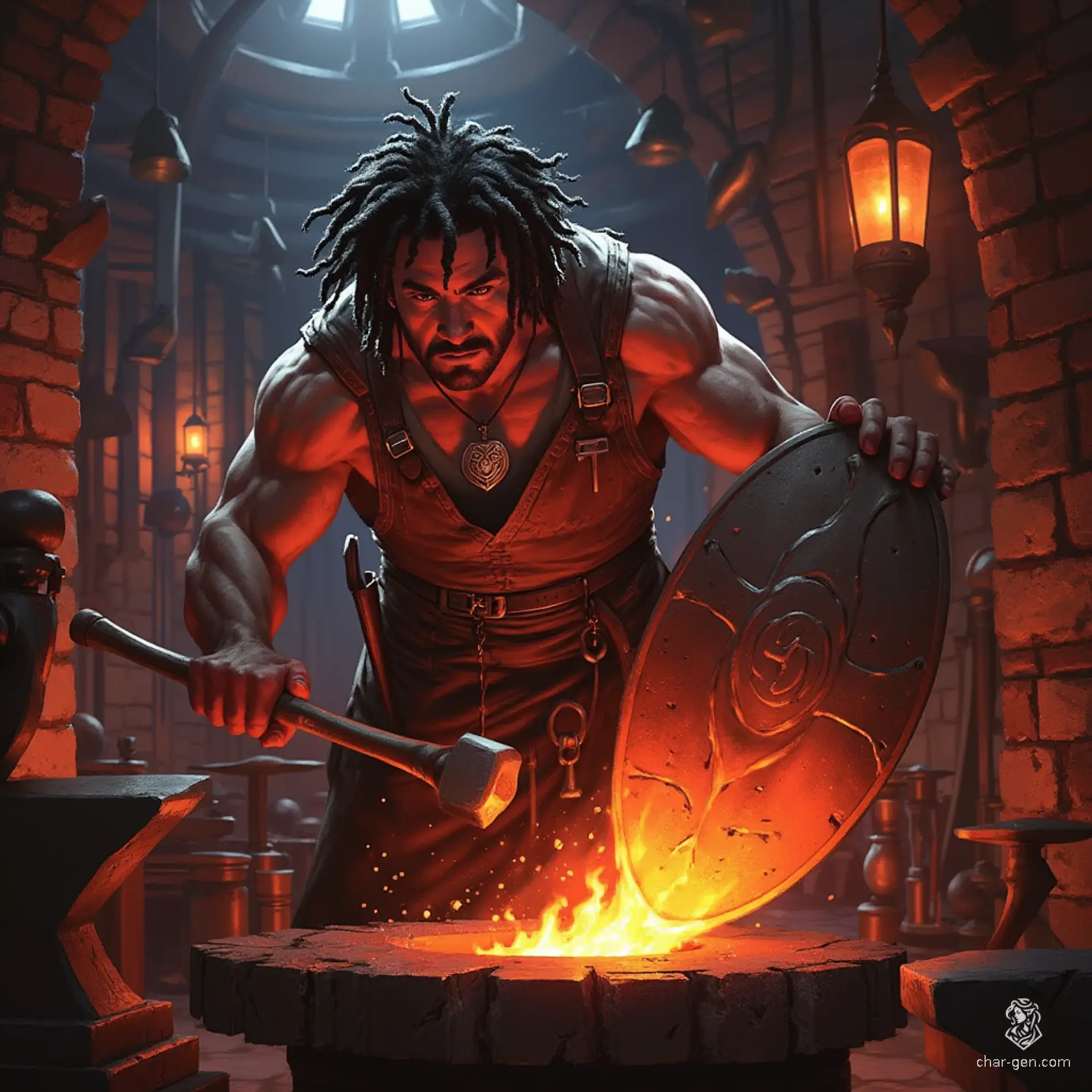 This muscular male shield blacksmith, adorned with dreadlocks, toils at his forge, surrounded by anvils and hammers. He wears a unique amulet inscribed with a shield symbol, his medium skin contrasting sharply with the fiery glow of the forge as he crafts ultimate protection.
