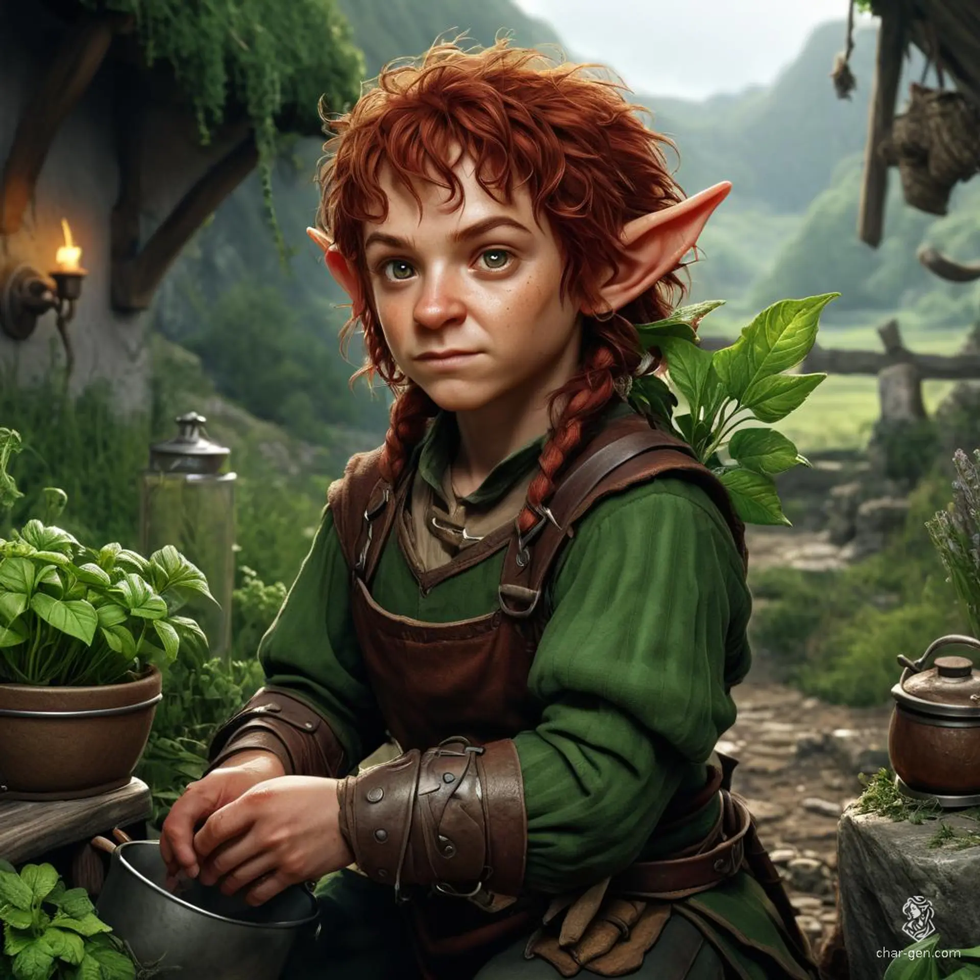 Meet Liora, a middle-aged halfling druid with medium skin and curly red hair. Clad in green attire and a leather apron, she tends to the sick with herbs, bandages, and potions, aided by her loyal animal companions. Her natural beauty and earthy wisdom radiate healing energy.