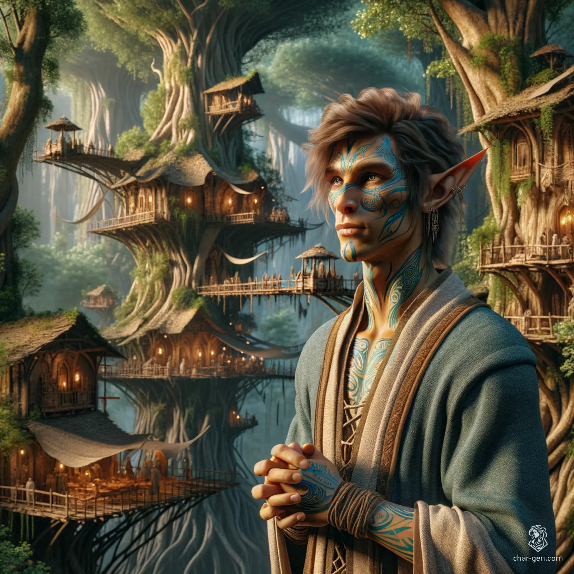 A medium-aged male wood elf with distinct olive skin and light blue tribal tattoos stands as the healer and leader of his elven camp inside a deep forest. Draped in an elegant yet simple robe, he employs herbs, bandages, and potions to tend the sick, accompanied by his animal companions.