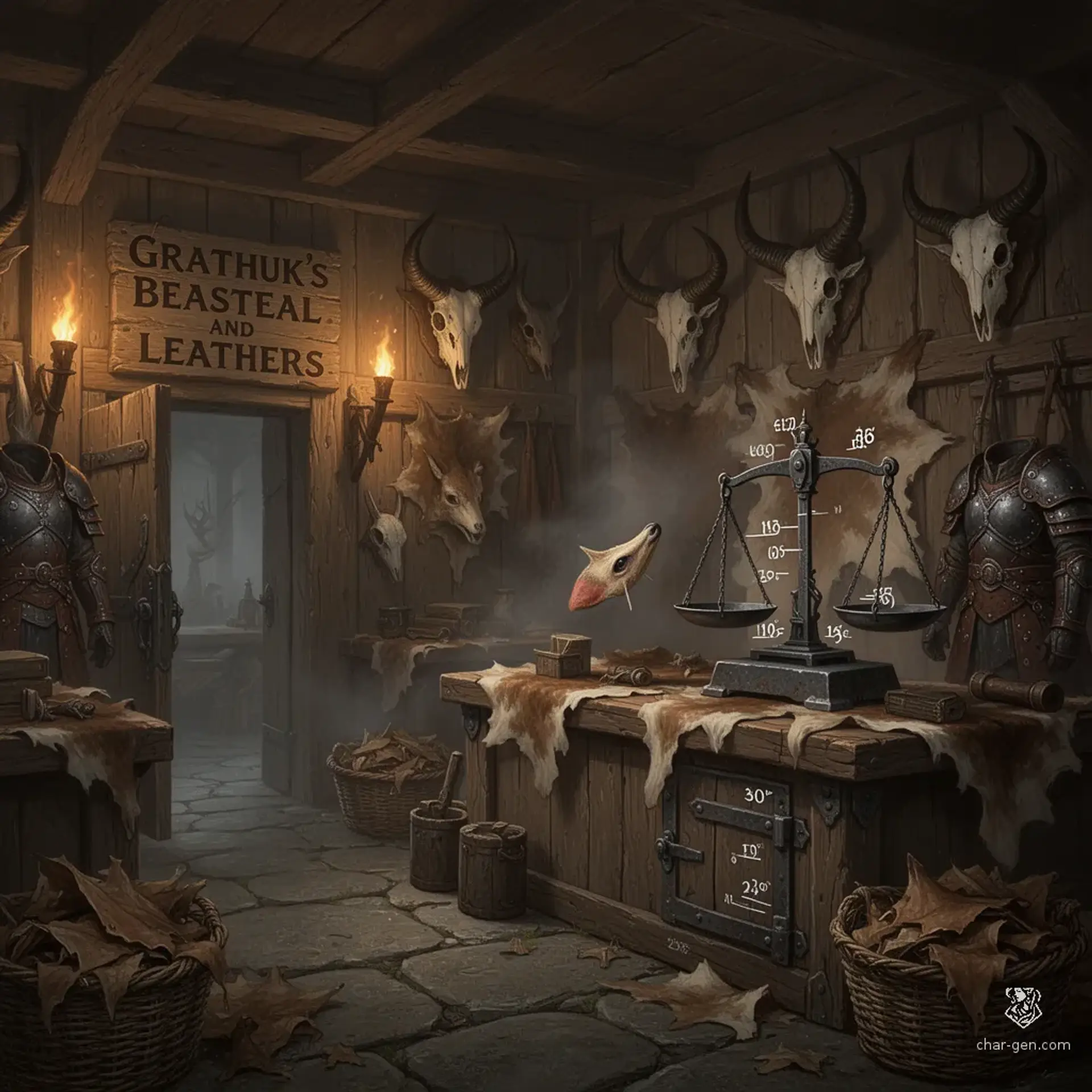 Grathuk's Beasteal and Leathers - AI-generated fantasy Shop