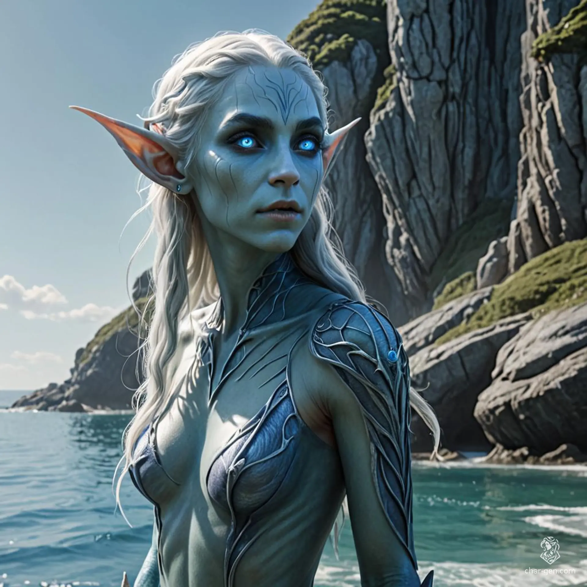 Oceanic is a striking female sea elf with blue skin, long webbed fingers and toes, and visible gills. Her aquatic features enable her to thrive underwater, embodying the essence of the ocean she calls home.