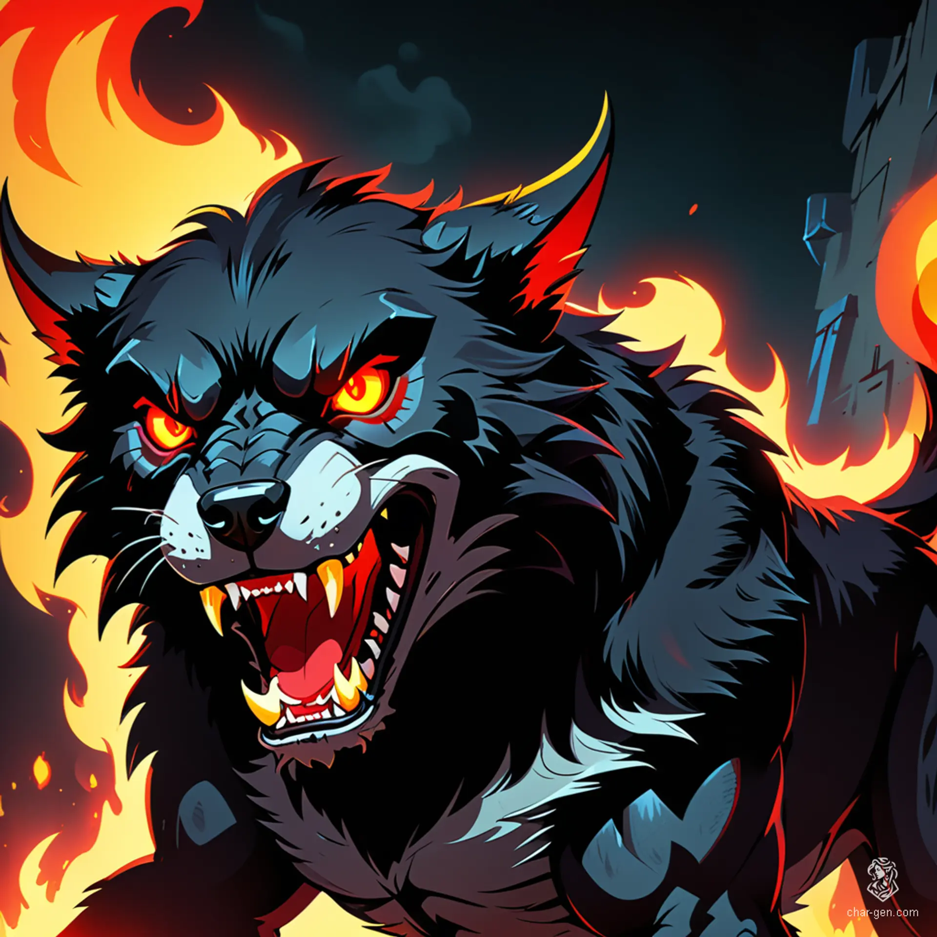 A fearsome fusion of wizard and hellhound, this creature boasts dark skin with arcane sigils etched across its body, draped in enchanted garments. With glowing red eyes, smoldering black fur, and a mystical staff, it exudes a menacing aura, embodying the essence of untamed magic and primal power.