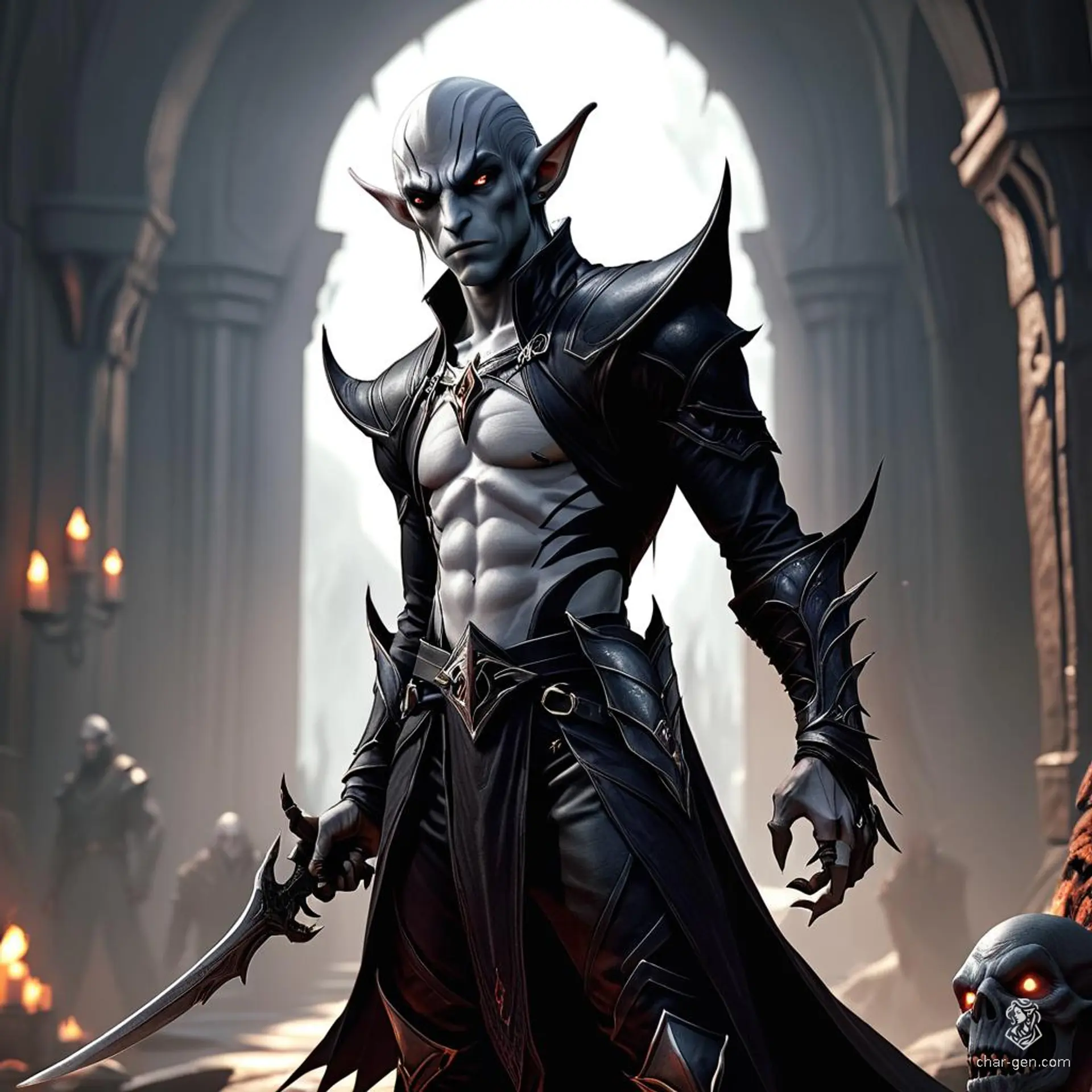An evil, male shadar-kai and dark elf hybrid, with raven hair, obsidian eyes, and tattooed white skin. A stealthy rogue assassin clad in dark clothing, he lurks in shadows with concealed daggers, his light-footed stance ever ready to strike unseen.