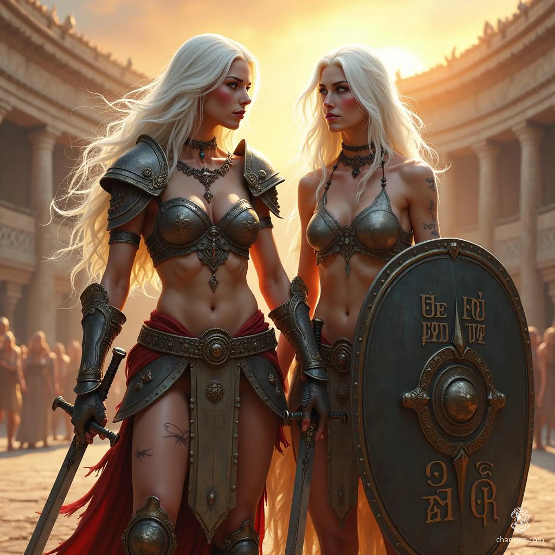In the heart of an ancient arena, two fierce Drow sisters stand resolute. The tall, agile warrior with flowing white hair wields twin swords, her fierce red eyes ablaze. Beside her, the stockier sister, scarred and steadfast, holds a battered shield, ready for battle. Together, they embody strength and resilience.