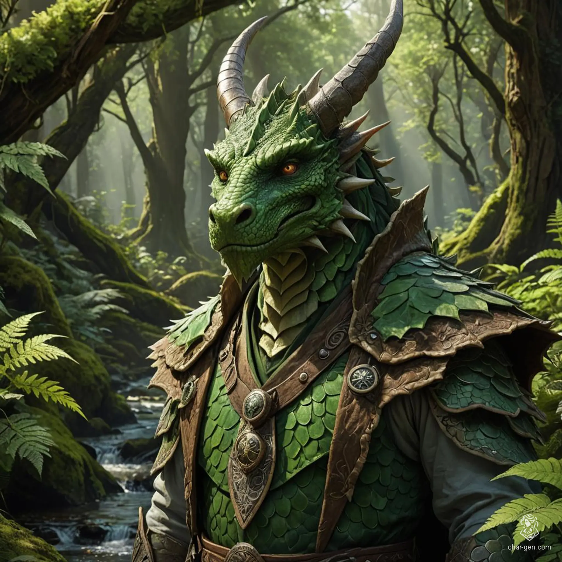 A malevolent dragonborn druid cloaked in a roughspun robe, commands nature and beasts with his green, scaled visage, horned and dragon-crested head. His presence, a blend of earth's might and draconic intimidation, walks a dark path alongside animal companions.