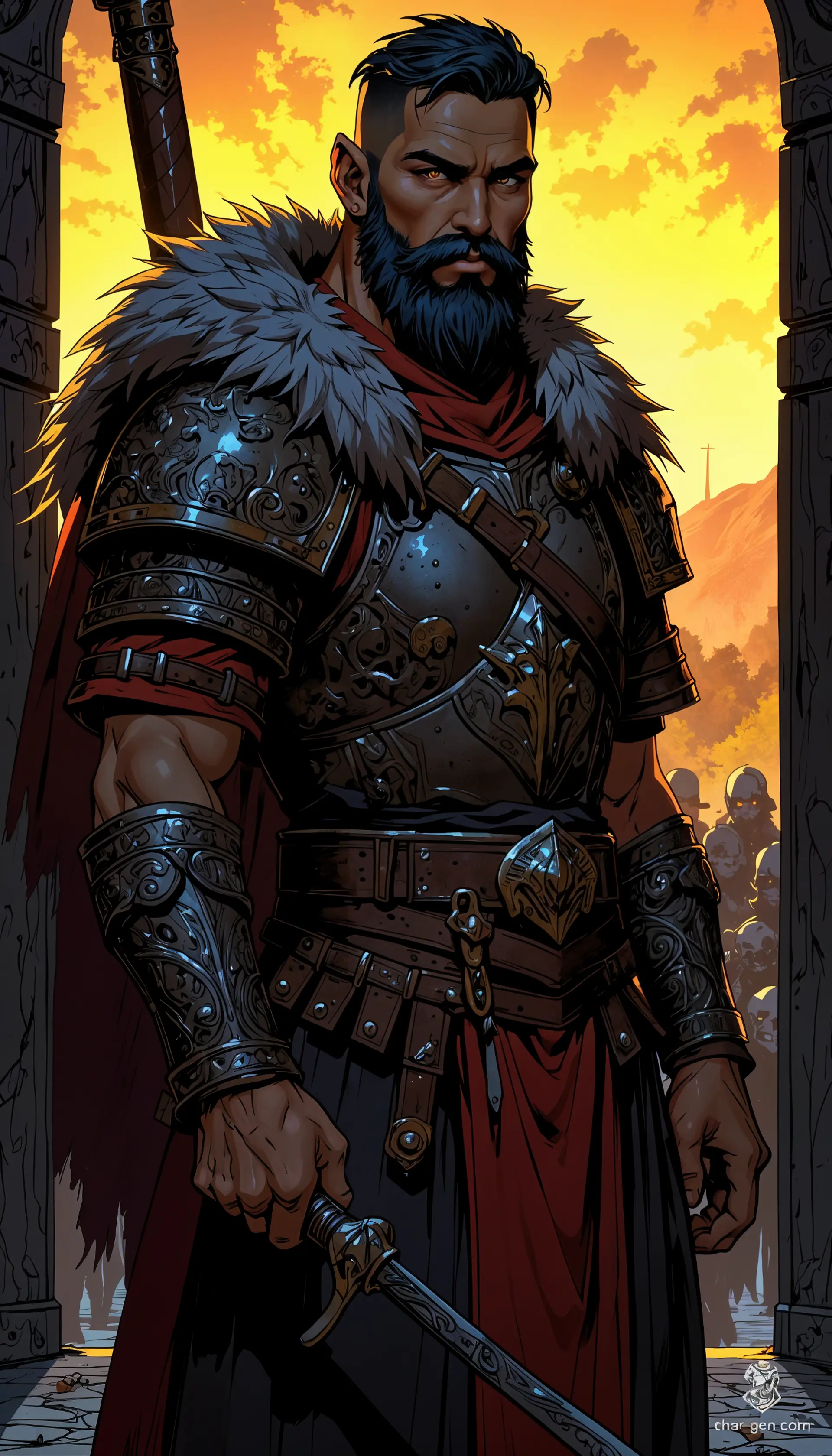 A towering Slavic warrior, draped in heavy fur-lined armor adorned with mythological carvings, grips a massive war hammer. With a thick black beard and serious expression, he stands guard at a fortified village, silhouetted against a foggy forest and a dramatic sunset, ready for battle.