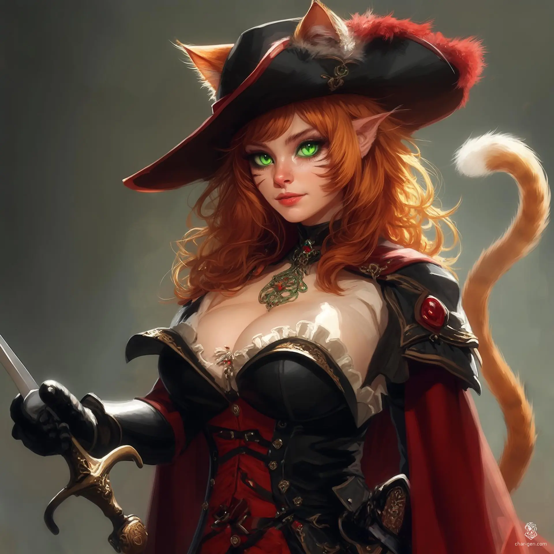A captivating female duelist bard blending French Renaissance elegance with fantasy flair. She wields a rapier, dons a cavalier hat and shoulder cape, and features striking green cat-like eyes, ginger hair, feline ears, and a long tail. Her intricate costume and dynamic pose evoke both grace and fierce agility.