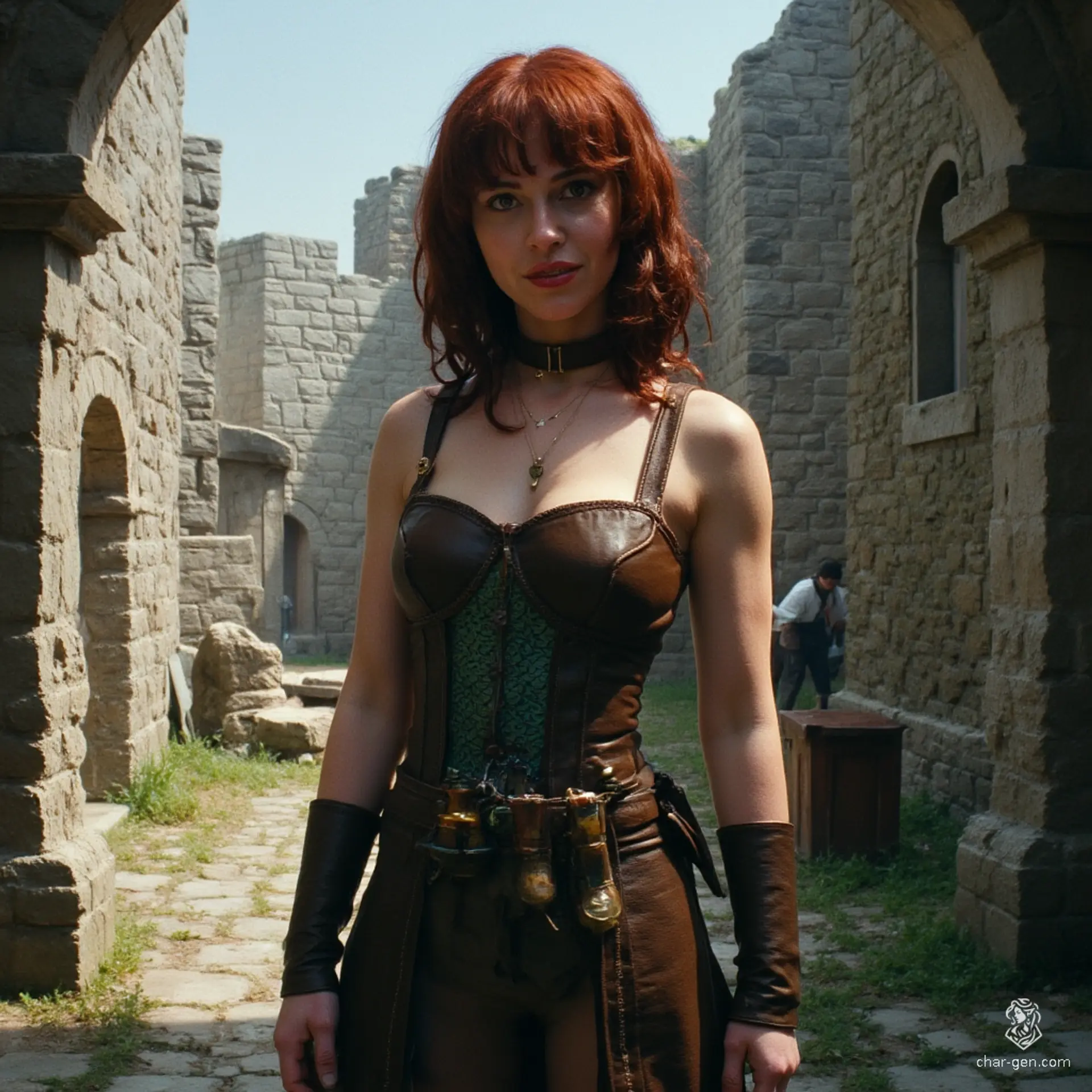 Izzy, the newly emancipated halfling assassin, is a skilled crossbow specialist with an athletic build and pale skin adorned with subtle green scales. Her enchanting yellow-green eyes gleam with cunning, and her mischievous smile conceals a deadly intellect. Dressed in fitted leather armor, she embodies competence and danger, lurking stealthily in the shadows.