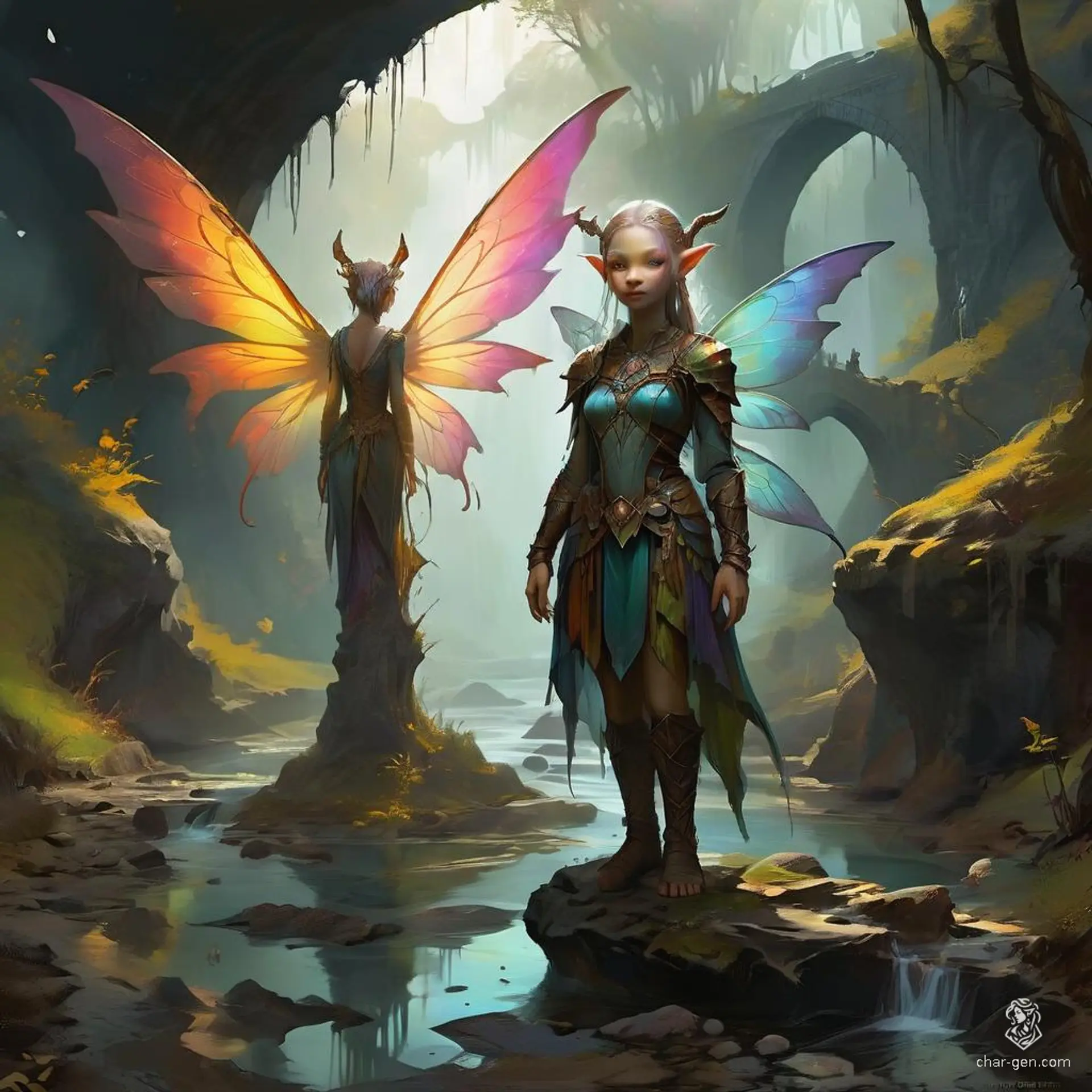 A slender, ethereal female druid with elfin features and translucent wings, this mythical fairy-like humanoid commands natural, earthy magic and is always accompanied by loyal animal companions.
