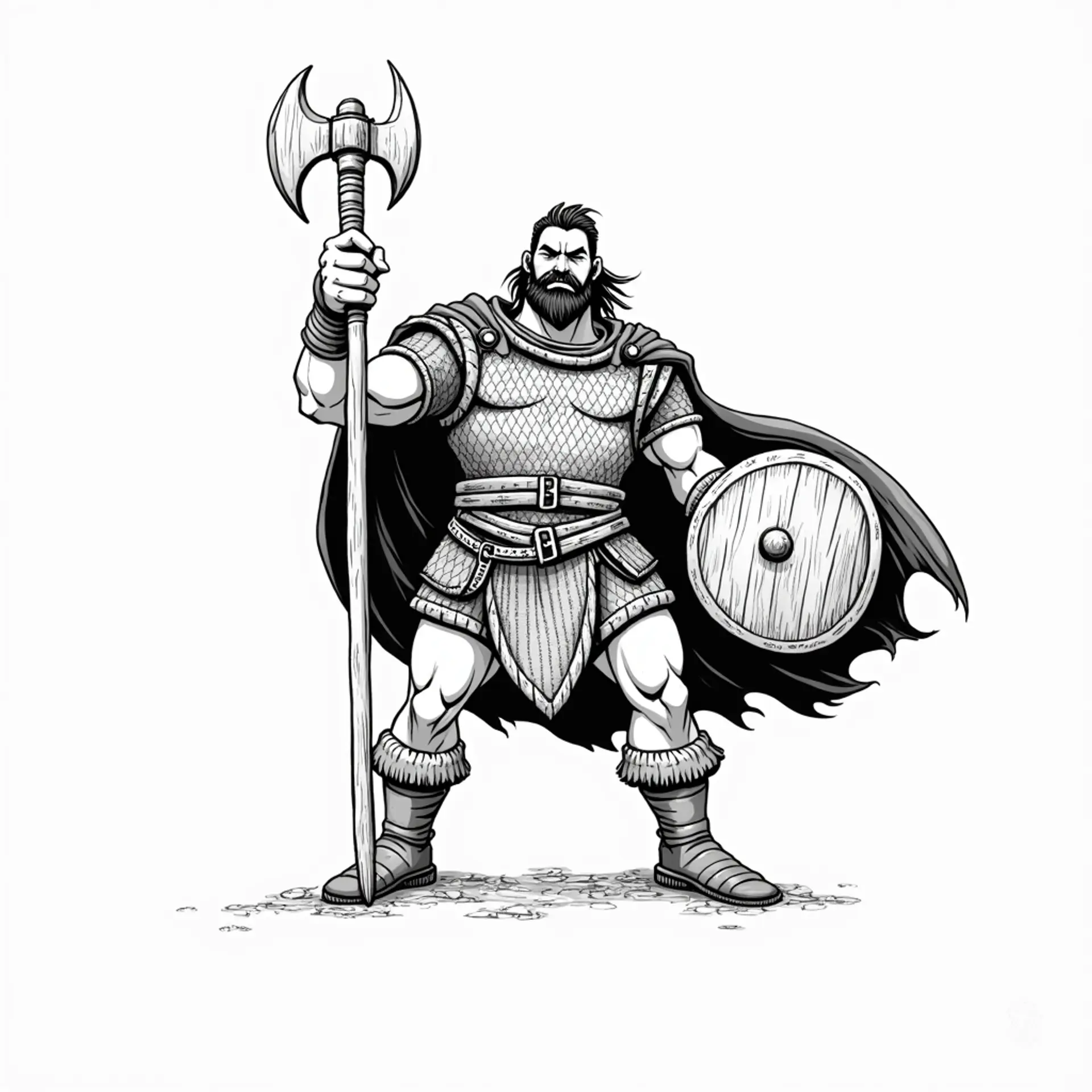 A towering black-and-white barbarian warrior, he wields a rune-covered hand axe and a sturdy wooden shield. Clad in chainmail, his dark hair and thick beard amplify his fierce presence, embodying the strength and resilience of a formidable land’s protector.