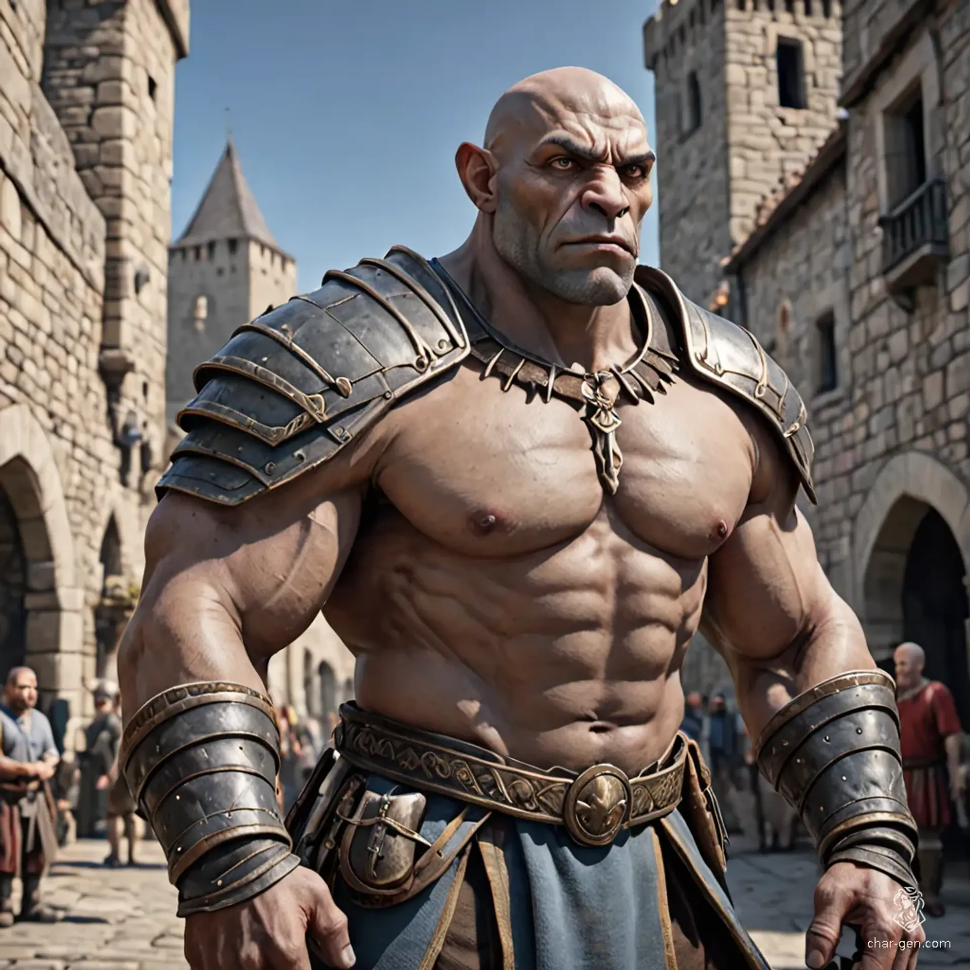 Meet Thalros, a half-giant rogue with a stealthy demeanor. His muscular grey form moves gracefully through shadows. Bald and bold, with a prominent nose, he combines brute strength with cunning agility. Infiltrating the darkness, he outsmarts foes while lurking unseen in the night.