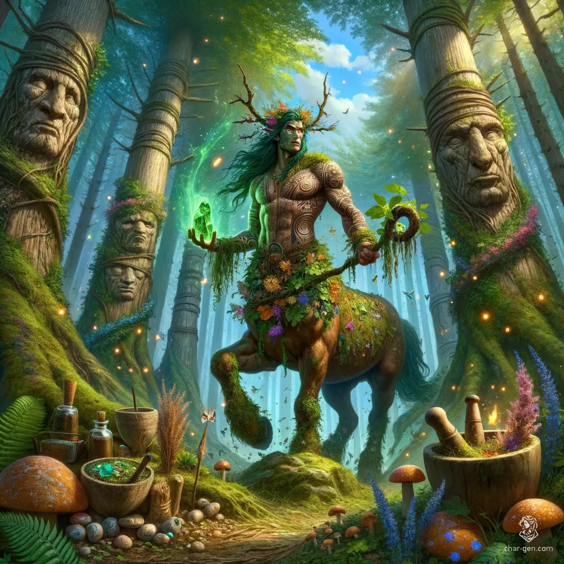 An ancient centaur druid stands in a mystical forest, his tribal tattoos and moss-covered robes hinting at wisdom and power. With a weathered horse half adorned with vines, he wields a glowing staff, blending herbal remedies amid the vibrant, magical energy of the enchanted woods.