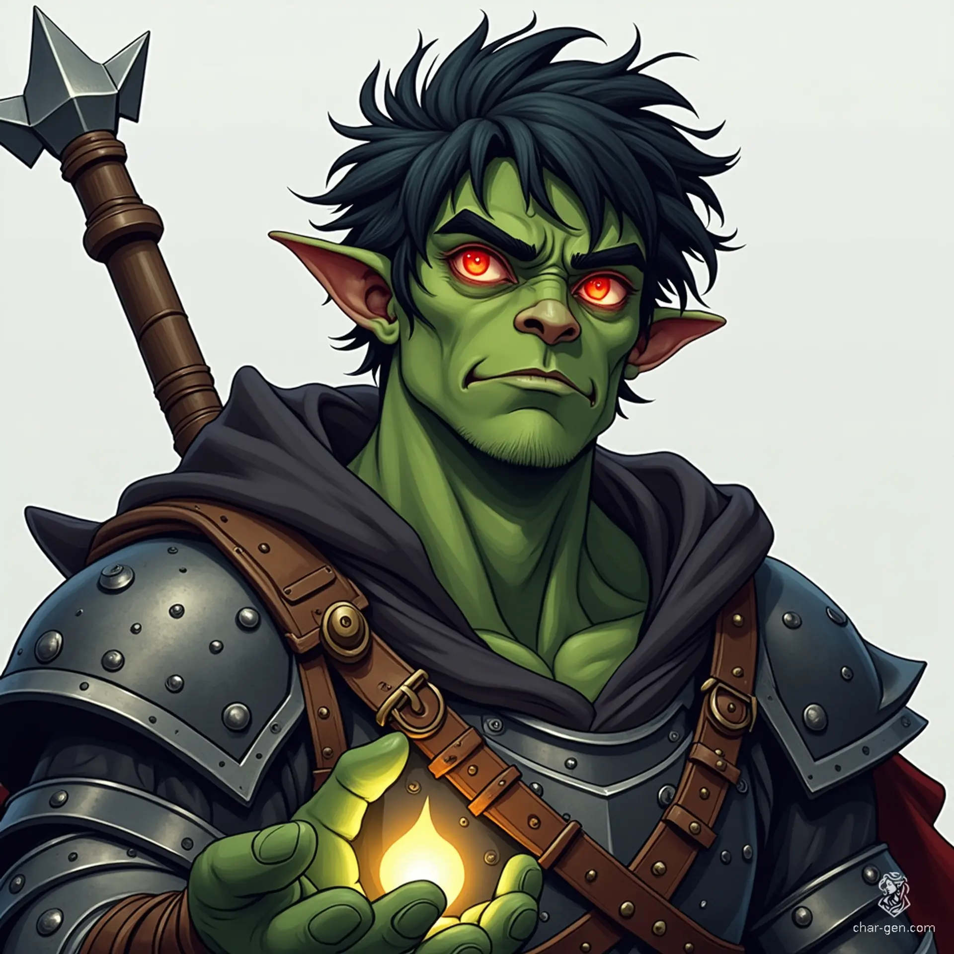 In a somber stance, this green-skinned orc warrior reaches skyward, seeking divine favor. Emanating a faint divine glow from his outstretched palm, he contrasts his rugged metal armor and dark hooded cloak, with red eyes gleaming fiercely beneath tousled black hair and prominent tusks, ready for battle.
