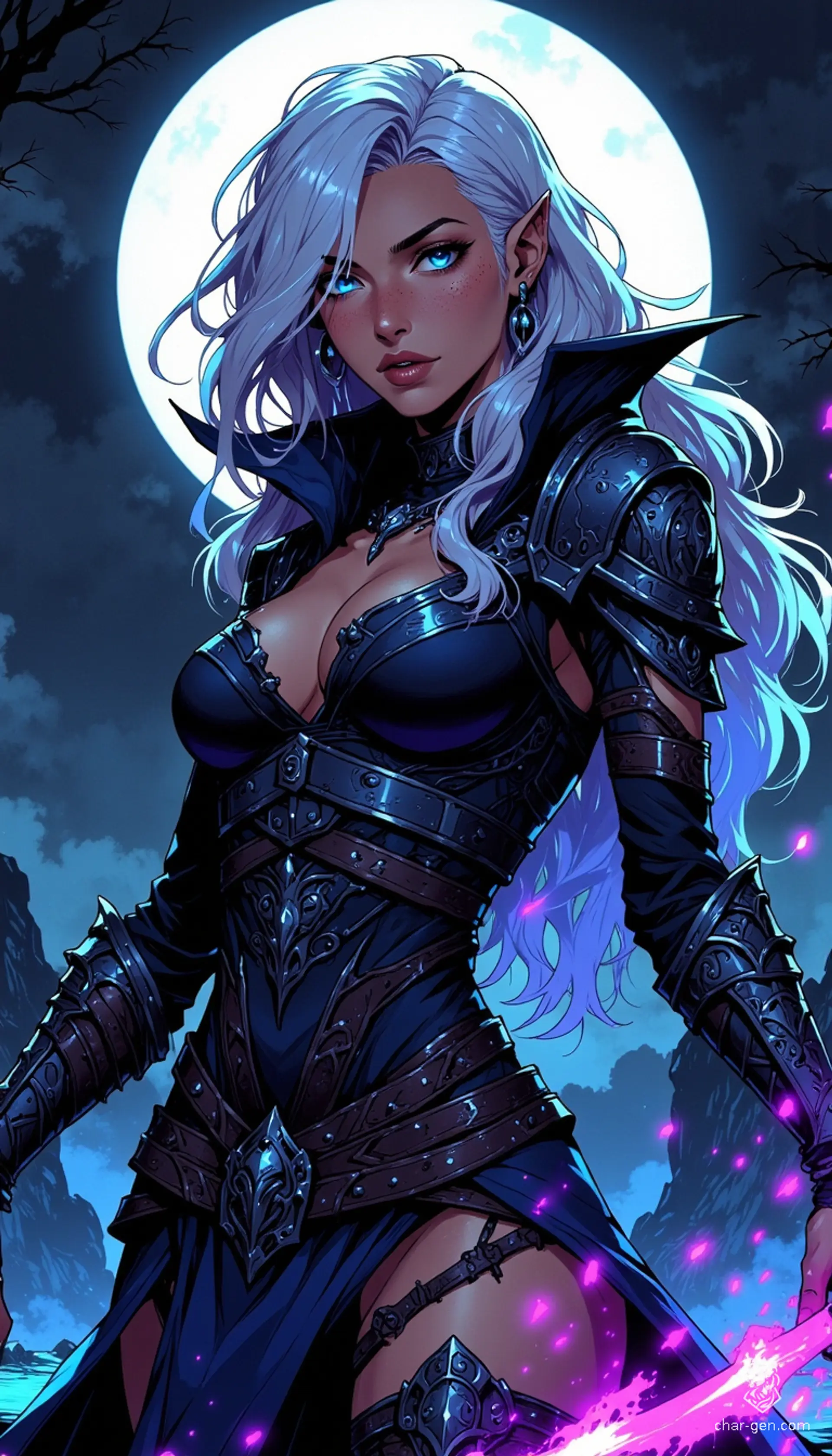 A striking female rogue embodies allure and danger, clad in skin-tight shadow armor that accentuates her curvaceous figure. Her silver hair glimmers against the darkness, while piercing blue eyes radiate with mystery. Wisps of shadow swirl around her, making her a captivating vision of the night.