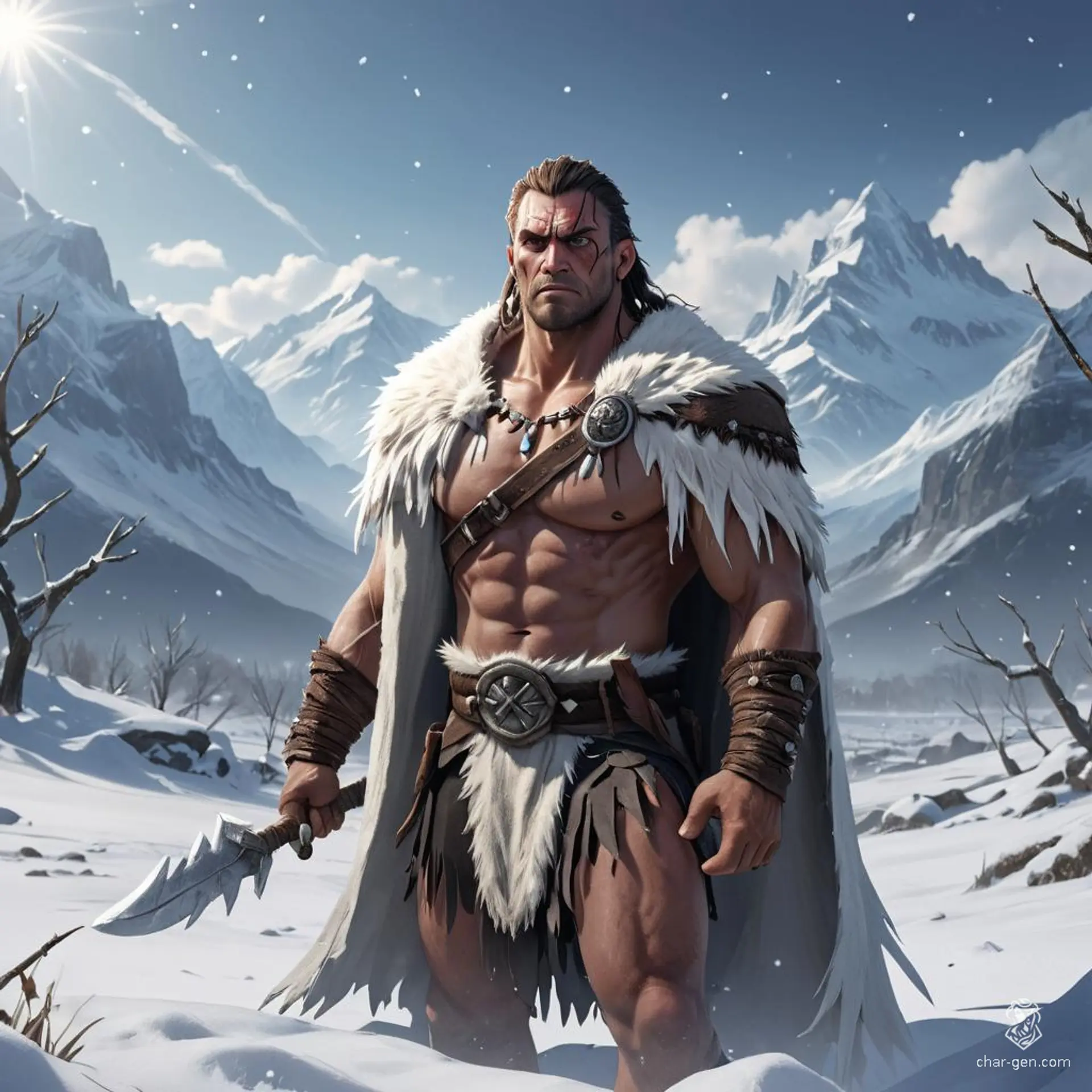 A towering, weathered barbarian chief, this elderly man exudes raw strength and primal wisdom. Clad in simple villager garb beneath a striking white fur cloak, his fierce demeanor and rugged features reflect a life of hard battles and deep-rooted traditions in a wild, untamed land.