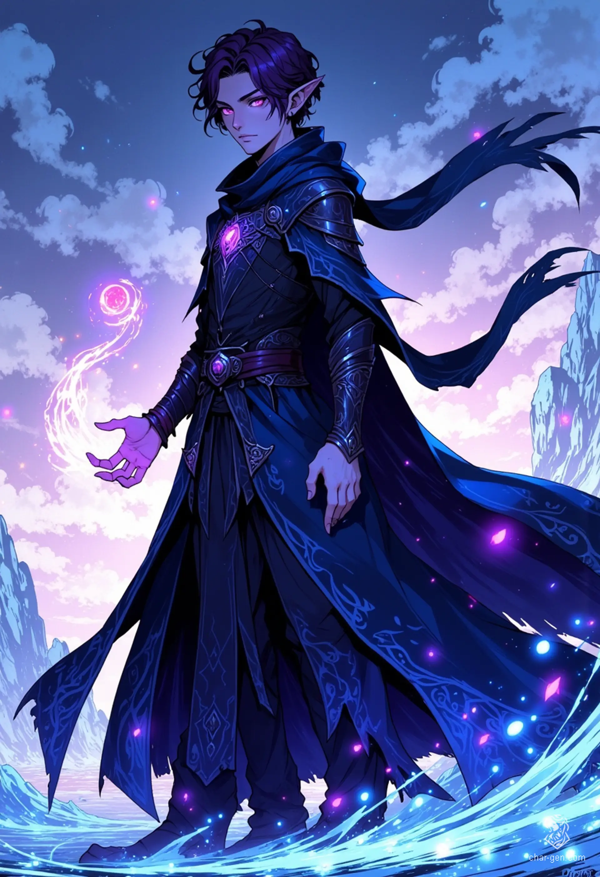 In a magical realm, a slender male sorcerer stands poised in an icy field, his dark blue robe billowing in the frigid wind. With glowing violet eyes and short, dark purple hair, he channels elemental magic, lightning crackling from his outstretched hands, embodying both beauty and power.
