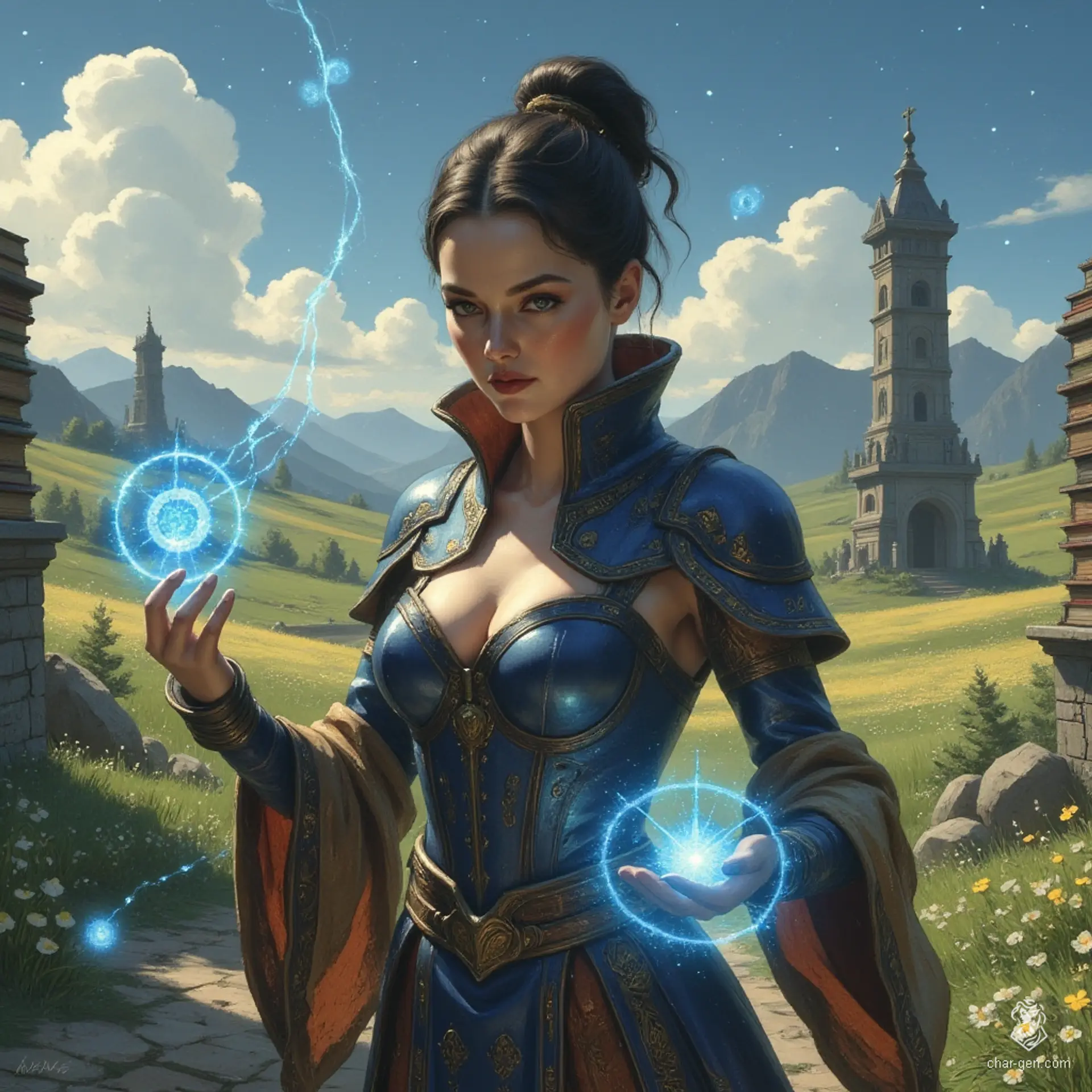 Jouli, a striking middle-aged investigator mage of East Asian descent, stands poised in intricately embossed leather armor. Her pale skin gleams in sunlight as she conjures a glowing blue rune. With a pixie cut and bright, concerned eyes, she balances her roles as a fierce protector and devoted librarian amid ancient tomes.