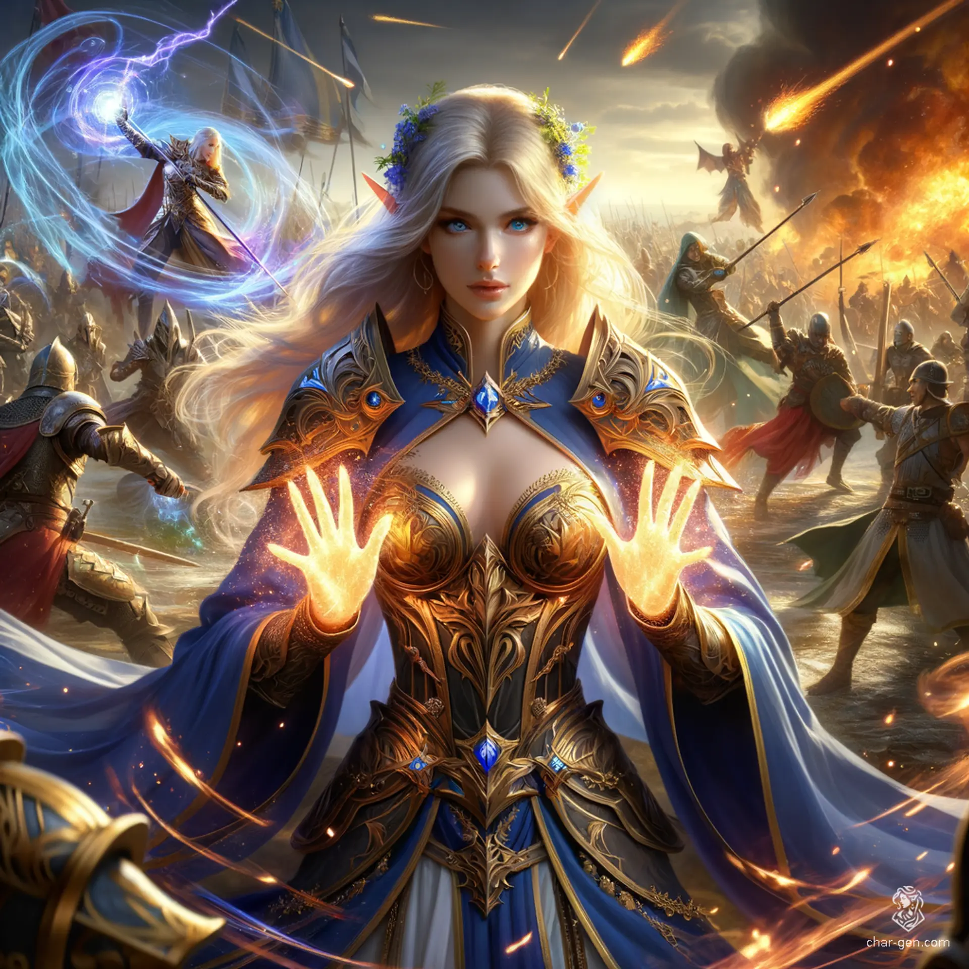 A dignified female elf paladin with fair skin and long flowing blonde hair, clad in gold-trimmed armor and a royal blue cloak. Blue eyes focused, she prepares to cast Mass Cure Wounds, radiating a protective aura.