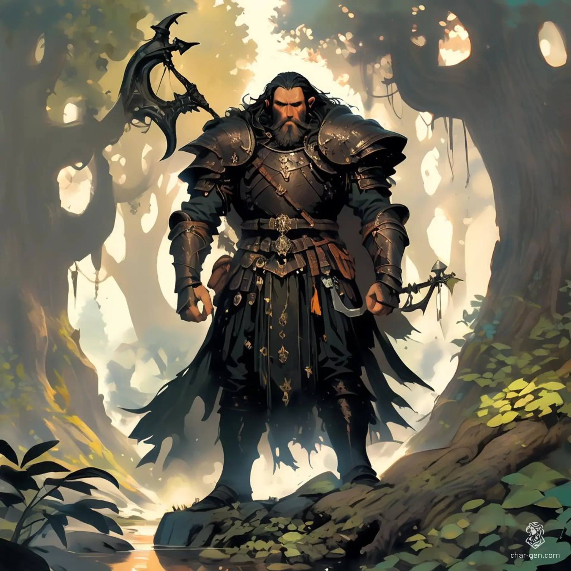 Meet Thrain Ironfoot, a rugged male dwarf hunter with a confident stance, clad in chainmail armor and a brown cloak. His jet-black hair and beard contrast against his distinct tan skin. Armed with a bow or spear, he skillfully tracks prey through the dense forests and rugged mountains.