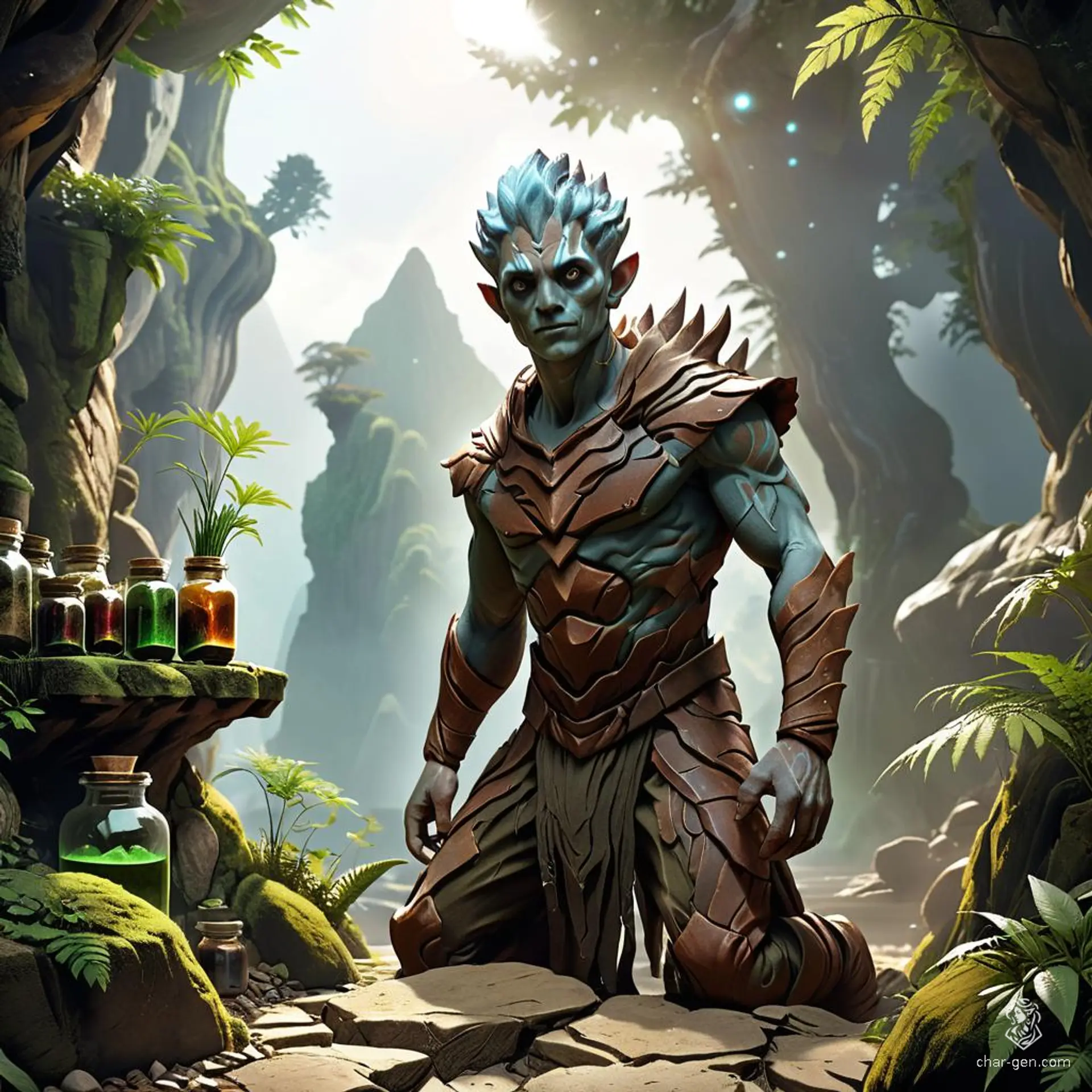 An Earth Genasi druid, this male hybrid human boasts rock-like skin and earthen nebula effects. As an apothecary, he blends potions amid jars of herbs, guided by his natural affinity and animal companions. His short hair complements his rugged, earthy appearance.