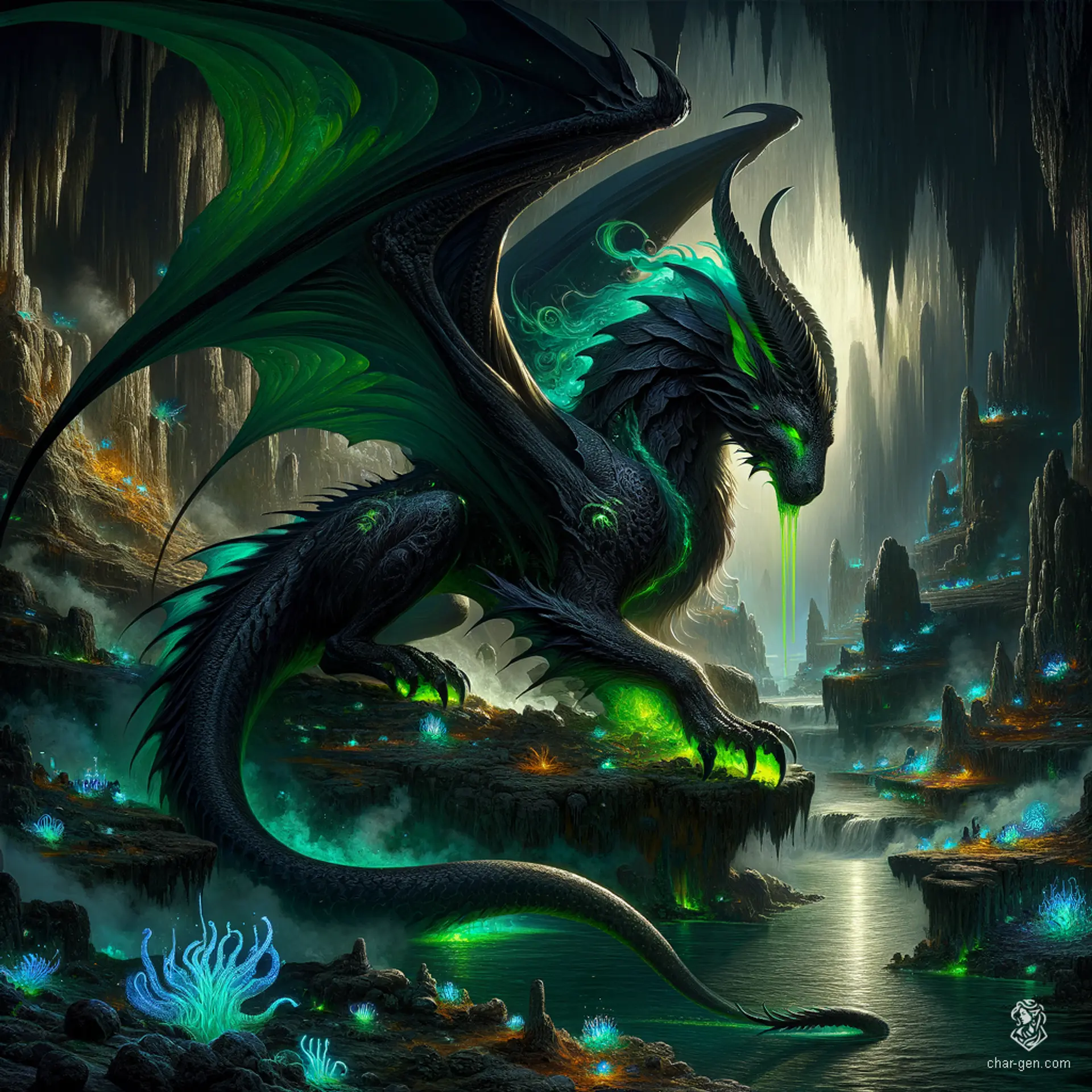 In a dimly lit, vast underground cavern beside a black, still lake, a menacing displacer beast prowls. Its dragon-like body is adorned with glossy black scales and a panther's head with a lizard-like snout. Black dragon wings tipped in green add to its sinister allure, while green acid drips ominously from its claws. Mist rolls in, partially obscuring this enigmatic creature.