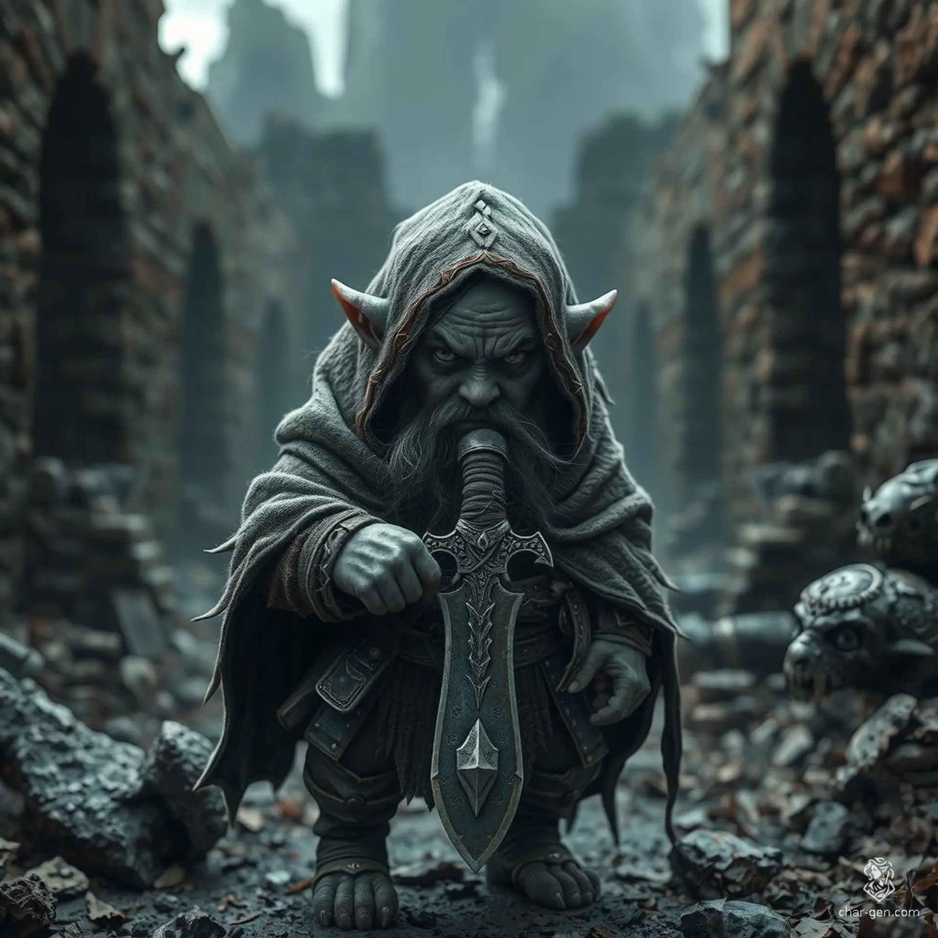 Shifty McGee, a 3-foot tall, gray-skinned deep gnome, is a masterful ranger-rogue with stormy-colored eyes. Clad in a detailed, stealth-enhancing woodland cloak, he wields a dagger confidently. A guild artisan, he's nimble and strong, with a shaved head, and an invaluable animal companion. Claustrophobic but highly skilled.