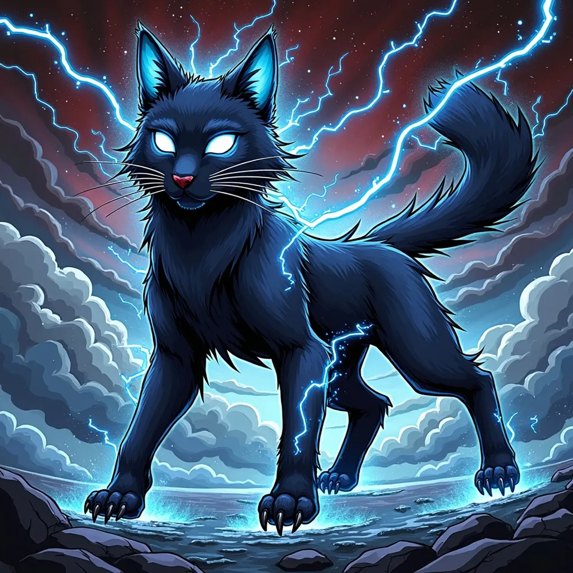 The Stormfang, a powerful adolescent blue lightning cat, boasts two striking tails that crackle with energy. Its mesmerizing blue eyes gleam with fierce intelligence and determination, embodying the essence of the tempest. Agile and formidable, this creature commands the storm, making it a revered guardian of the skies.