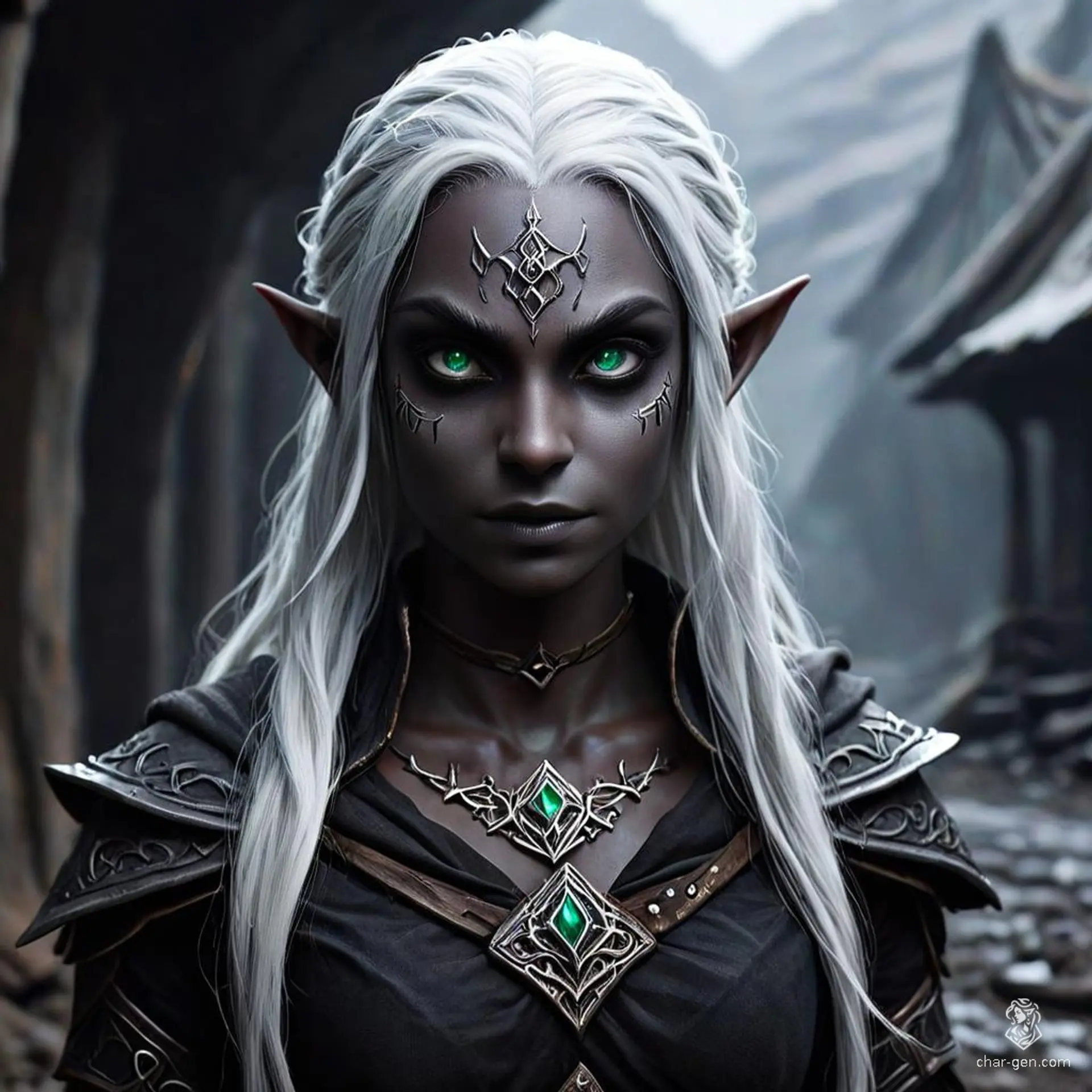 A dark-skinned, white-haired female drow warlock with emerald green eyes and long hair in a ponytail. She bears arcane sigils and exudes a magical aura, working as a skilled interrogator.