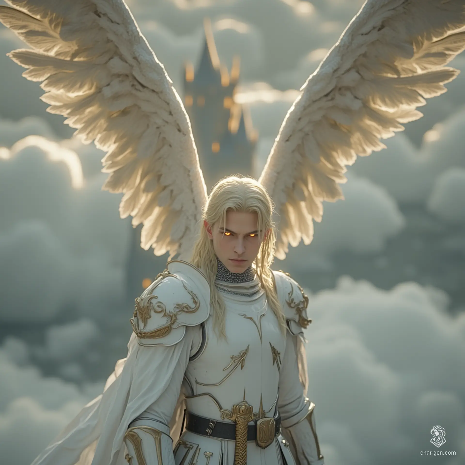 Puriel is a formidable aasimar fighter, standing confidently with a greataxe in hand. Clad in intricately detailed chain mail that glows subtly, his unusual-colored eyes reflect his holy lineage. With blond cornrows framing his strong features, he embodies both strength and a warrior spirit.