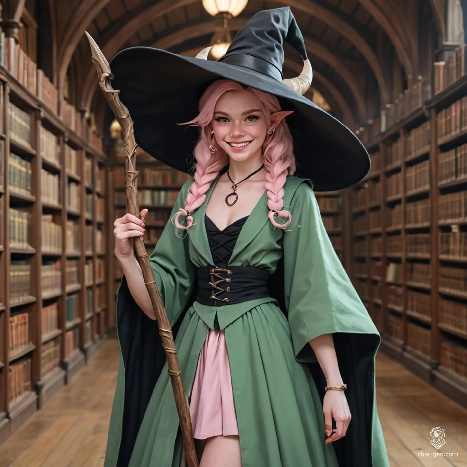 A whimsical tiefling wizard with pink skin, adorned in black and pastel green attire, wields a natural staff. Her possessed black eyes and small horns peek from underneath a huge witch hat. In an open library hall, she exudes a malicious charm, complemented by her cute freckles and wide skirt.