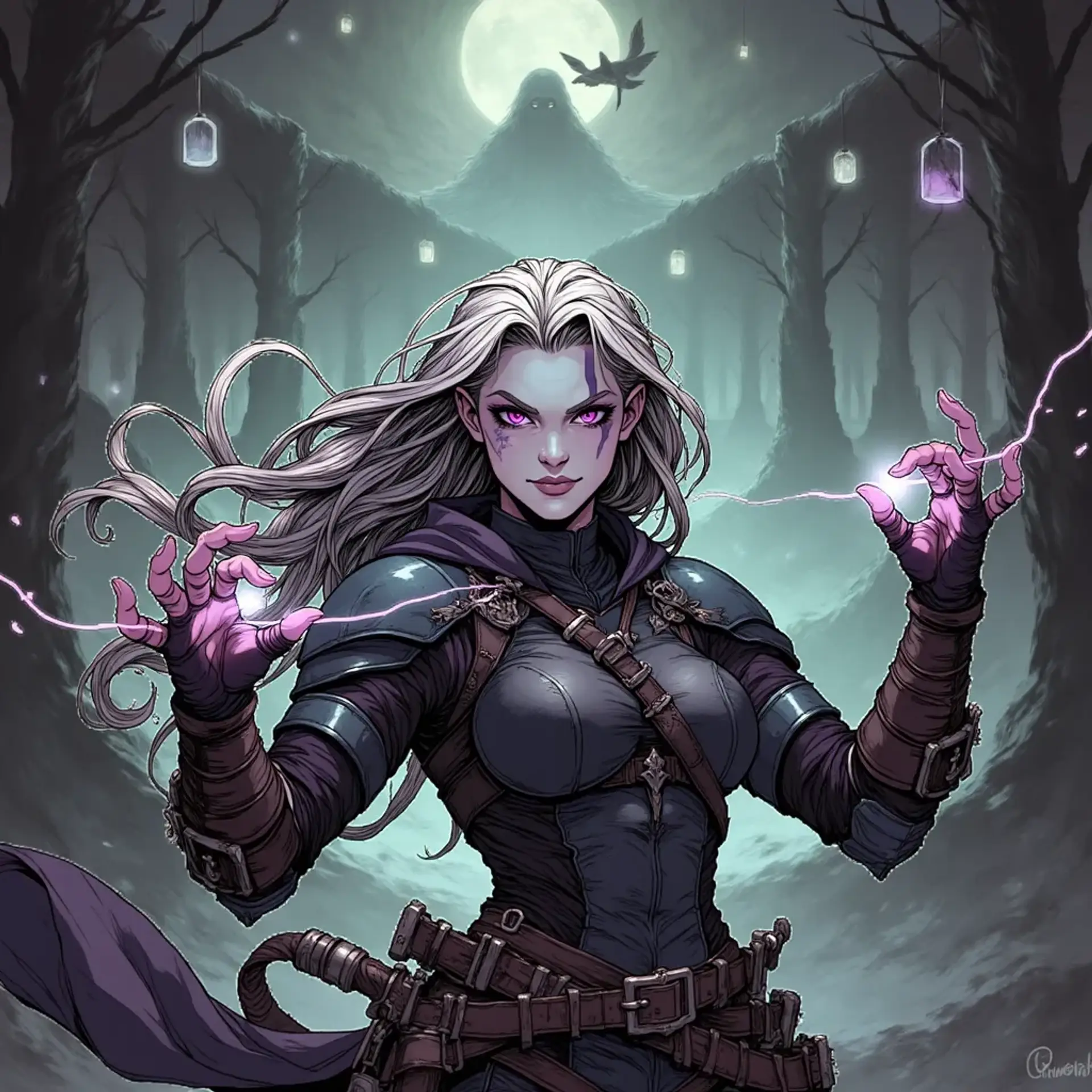 In a shadowy, ethereal realm, a tall, lithe fetchling courier commands the darkness with fluid grace. Her gray skin and dark silver hair blend seamlessly with the shadows, while her glowing violet eyes and intricate tattoos hint at her mysterious, magical origins. Shadow tendrils swirl as she casts potent spells, wielding a shadowbound dagger at her side.